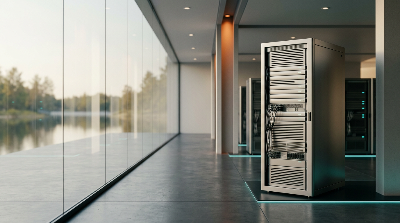 A high-end architectural study of a sleek, minimalist data center interior, focusing on a singular, sophisticated server chassis crafted from satin-finished neutral metallic gray aluminum, positioned in the right third of the frame to suggest optimized performance and structural precision. The left two-fifths of the composition consist of a softly lit, uncluttered floor-to-ceiling glass wall reflecting a blurred, serene landscape, providing ample negative space for website copy. Warm Cream natural light gently illuminates the room, complemented by a single, controlled Warm Burnt Orange accent light on a recessed structural joint and subtle Deep Teal ambient highlights along the floor edges. The equipment features minimalist, non-readable status indicators in Soft Cyan. Photorealistic, cinematic photography captured with a 50mm prime lens, featuring natural depth of field and authentic material textures, devoid of human figures, text, numbers, signage, or decorative holograms, generated by nanobanana pro --ar 16:9