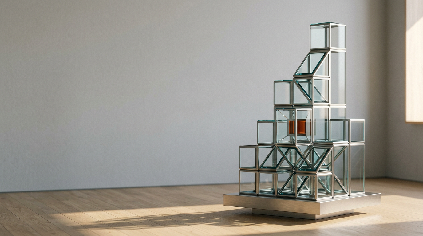 A high-end, minimalist architectural interior featuring a series of modular, interlocking glass and brushed-metal organizational prisms, arranged in a precise, ascending geometric formation that suggests the structural transformation and harmonization of complex data, positioned in the right third of the frame against a soft, neutral-gray gallery wall to provide ample copy-safe space on the left. The scene is captured with an 85mm prime lens for refined focus and compressed depth, illuminated by warm, inviting sunlight from a high window that casts long, clean shadows across a light oak floor. Subtle highlights in deep teal and soft cyan glint off the polished metallic joints and refractive glass edges, with a single, controlled accent pop of warm burnt orange on a small, integrated internal component. The environment is orderly, calm, and sophisticated, reflecting high-performance efficiency and architectural clarity, with no human figures, text, or floating interfaces, generated by nanobanana pro --ar 16:9