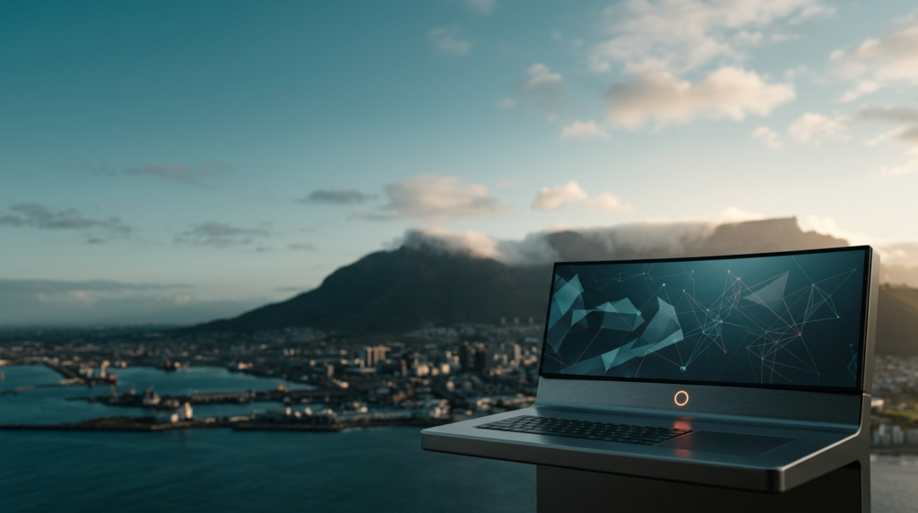 A wide-angle 16:9 cinematic shot captured on an 85mm lens at f/2.0 featuring a sleek, minimalist industrial workstation terminal positioned firmly in the lower-right foreground, the device constructed from brushed metallic gray steel and glass with a soft, glowing burnt orange status LED and an integrated ultra-wide monitor displaying abstract, non-textual geometric neural network vector nodes and flowing data-path diagrams. The background captures a breathtaking twilight-to-daybreak view of the Cape Town skyline and the iconic, towering silhouette of Table Mountain shrouded in a soft, misty marine layer, with the distant harbor waters reflecting deep teal tones and the natural architecture of the city bathed in warm cream sunlight catching the edges of local stone structures. The left and upper two-thirds of the frame are reserved for negative space, featuring the expansive, tranquil expanse of a cloud-dappled morning sky transitioning from deep teal to soft cyan, creating a clean, professional atmosphere. The composition is entirely devoid of humans, text, logos, or signage, utilizing natural photographic bokeh to blur the distant cityscape while maintaining sharp, tactile focus on the high-end consulting hardware, adhering to a refined palette of Deep Teal #116F76, Soft Cyan #C1E3E6, Warm Cream #FFF4CE, and Burnt Orange #E06719 for a sophisticated commercial editorial aesthetic.