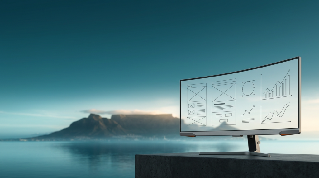 A photorealistic 16:9 widescreen shot on an 85mm prime lens at f/2.0, capturing the transition from deep twilight into soft daylight over Cape Town, South Africa. In the lower-right third of the frame, a sleek, ultra-wide curved workstation monitor, encased in durable brushed metallic gray #E6E6E6, sits in sharp, tactile foreground focus. Its pristine glass surface displays abstract, non-textual UI wireframes, vector paths, and minimal line diagrams depicting dynamic growth analytics and data visualization, with discreet burnt orange #E06719 highlights on its hardware bevels. The monitor rests on a dark, textured concrete plinth. The left two-thirds and upper section of the frame are expansive and uncluttered, dominated by a tranquil deep teal #116F76 sky and water reflecting soft cyan #C1E3E6 atmospheric haze along the horizon. In the mid-ground and extending across the center-left distance, the majestic, unmissable silhouette of Table Mountain rises with a natural, soft photographic bokeh, its distinctive flat top gently touched by warm cream #FFF4CE natural sunlight breaking through the dawn. The environment is completely unoccupied, devoid of any humans, text, or logos. The lighting, atmospheric scale, and perspective emulate high-end commercial editorial architectural photography, emphasizing grounded realism without any surreal or futuristic elements.