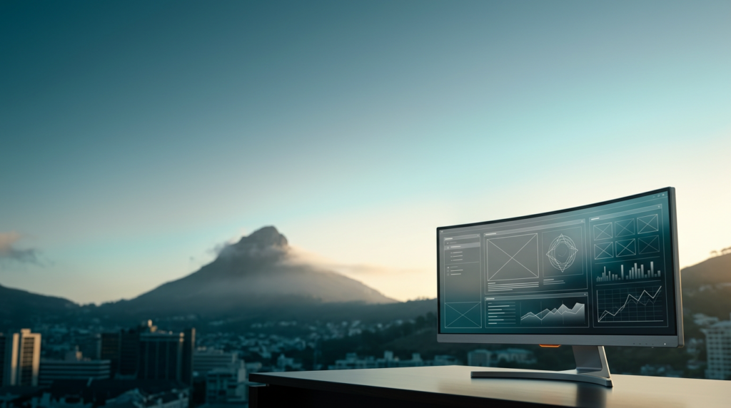 Widescreen 16:9 shot at twilight transitioning into soft daylight over a tranquil, unoccupied cityscape in Cape Town, South Africa. The majestic, mist-shrouded silhouette of Table Mountain dominates the mid-ground left, rendered with a natural, soft photographic bokeh, establishing the distinct location. In the sharp, tactile foreground focus, positioned strictly within the lower-right third of the frame, sits a sleek, ultra-wide curved professional monitor. Its enclosure is crafted from durable Brushed Metallic Gray #E6E6E6, featuring pristine glass surfaces. Subtle Burnt Orange #E06719 indicator lights accent its lower bezel. The screen displays complex, non-textual abstract UI wireframes and analytical telemetry data visualizations, rendered in a minimalist style with no legible words, numbers, or logos. The upper and left two-thirds of the frame are expansive and uncluttered, filled with a serene twilight sky seamlessly transitioning into a soft morning light. Deep Teal #116F76 grounds the scene in the distant city shadows and glass reflections, while Soft Cyan #C1E3E6 defines the atmospheric haze and horizon glow. Warm Cream #FFF4CE light gently catches the upper edges of distant architectural forms and the sky's transition. Shot on an 85mm prime lens at f/2.0. The overall aesthetic is highly detailed, photorealistic commercial editorial architectural photography, with no humans, text, logos, or surreal elements.