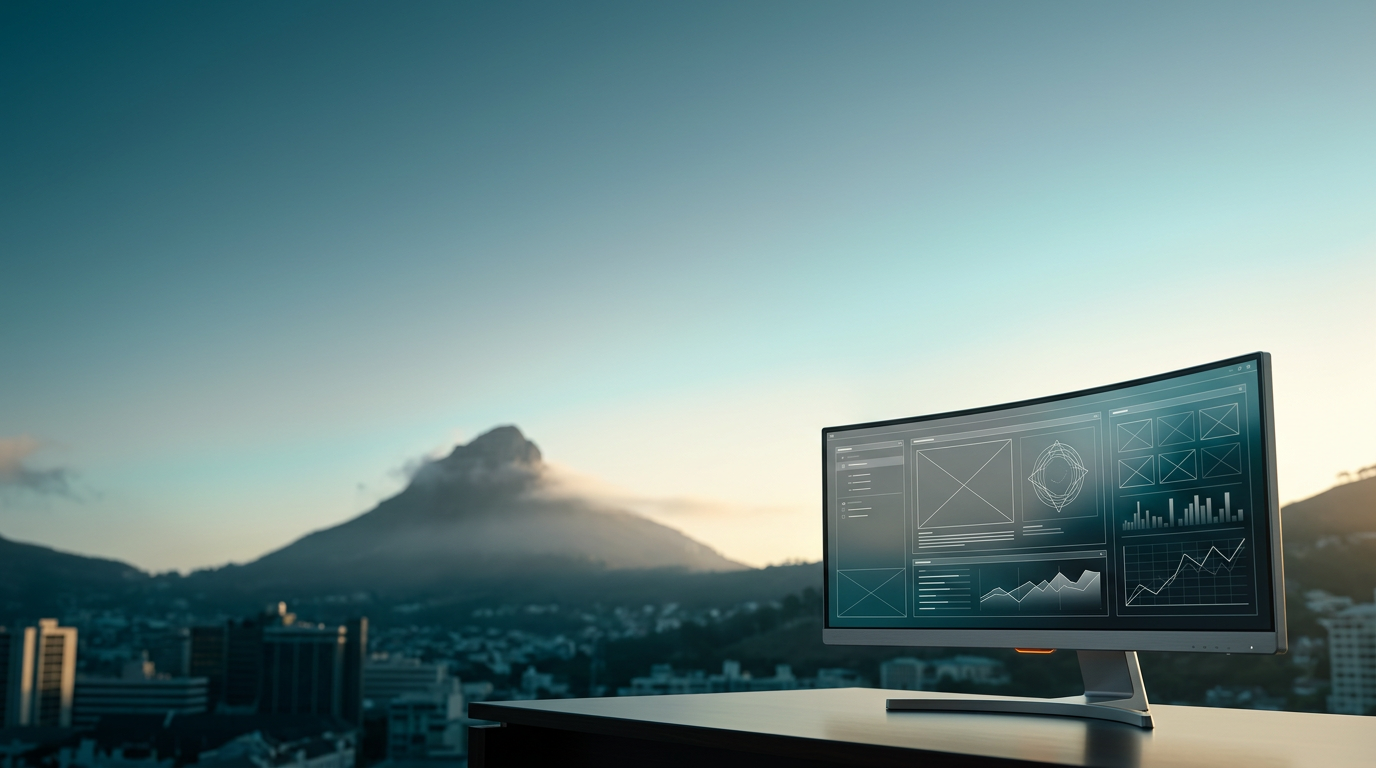 Widescreen 16:9 shot at twilight transitioning into soft daylight over a tranquil, unoccupied cityscape in Cape Town, South Africa. The majestic, mist-shrouded silhouette of Table Mountain dominates the mid-ground left, rendered with a natural, soft photographic bokeh, establishing the distinct location. In the sharp, tactile foreground focus, positioned strictly within the lower-right third of the frame, sits a sleek, ultra-wide curved professional monitor. Its enclosure is crafted from durable Brushed Metallic Gray #E6E6E6, featuring pristine glass surfaces. Subtle Burnt Orange #E06719 indicator lights accent its lower bezel. The screen displays complex, non-textual abstract UI wireframes and analytical telemetry data visualizations, rendered in a minimalist style with no legible words, numbers, or logos. The upper and left two-thirds of the frame are expansive and uncluttered, filled with a serene twilight sky seamlessly transitioning into a soft morning light. Deep Teal #116F76 grounds the scene in the distant city shadows and glass reflections, while Soft Cyan #C1E3E6 defines the atmospheric haze and horizon glow. Warm Cream #FFF4CE light gently catches the upper edges of distant architectural forms and the sky's transition. Shot on an 85mm prime lens at f/2.0. The overall aesthetic is highly detailed, photorealistic commercial editorial architectural photography, with no humans, text, logos, or surreal elements.