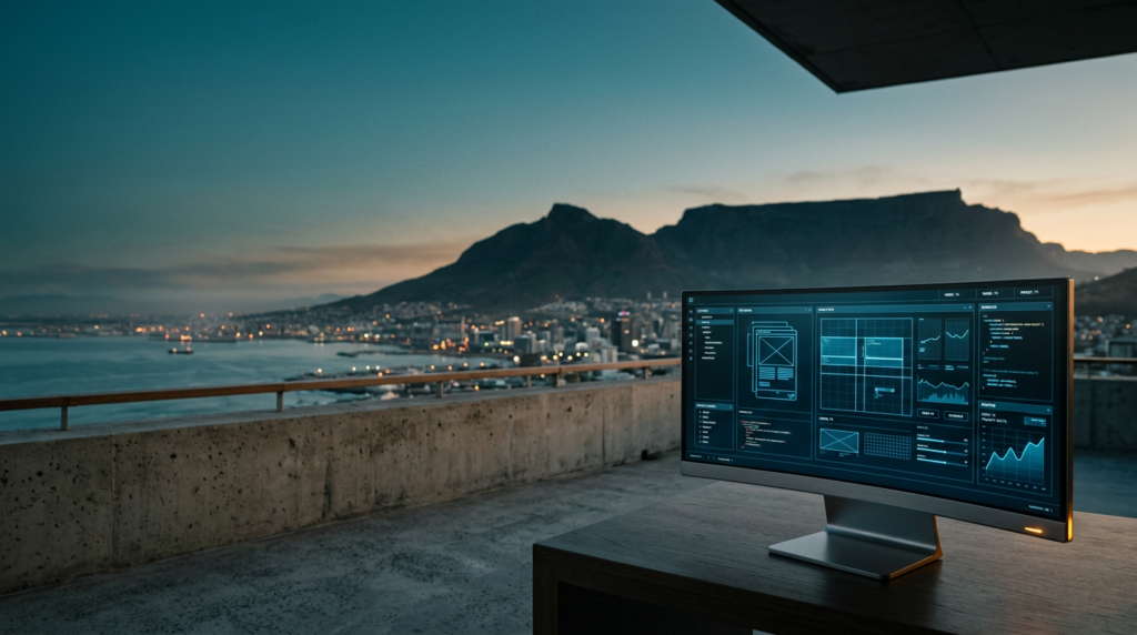 A wide-angle 16:9 cinematic shot captured on an 85mm prime lens at f/2.0, featuring a sleek, professional ultra-wide curved monitor placed in the lower-right third of the frame, displaying abstract glowing blue vector wireframes and clean grid-based UI design layouts. The monitor is crafted from brushed metallic gray materials with subtle burnt orange indicator lights on its slim bezel. The background reveals a breathtaking, soft-focus view of Cape Town at the transition between twilight and dawn, with the iconic silhouette of Table Mountain dominating the horizon under a vast, uncluttered expanse of deep teal sky fading into a soft cyan morning haze. The composition is clean and minimalist, with the left two-thirds of the frame providing ample negative space for text overlay, featuring the natural texture of a polished concrete balcony surface and soft, ambient warm cream light catching the edges of the distant cityscape and the device hardware. Atmospheric depth is achieved through gentle coastal mist, with zero human presence, no legible text, no branding, and no surreal elements, maintaining a grounded, high-end commercial architectural photography aesthetic with deep teal shadows and refined lighting transitions.