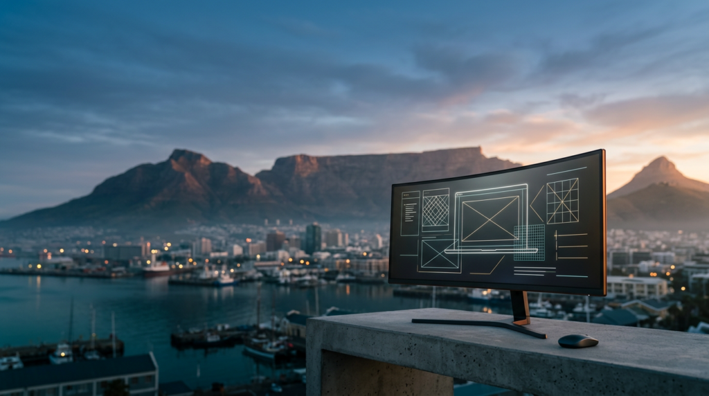 A cinematic 16:9 widescreen editorial photograph of a sleek, ultra-wide curved workstation monitor resting on a minimalist concrete ledge in the lower-right third of the frame, the screen displaying glowing, abstract vector web design wireframes and minimalist line architecture in soft geometric patterns, the background features the iconic, sweeping silhouette of Table Mountain and the distinct flat-topped ridge of Lion’s Head rising behind the tranquil Cape Town harbor at twilight transitioning into a soft dawn, deep teal shadows grounding the harbor waters and rocky textures, the atmosphere filled with a soft cyan marine layer and crisp coastal haze, warm cream sunlight catching the craggy edges of the mountain peaks, subtle burnt orange light accents on the monitor's thin aluminum bezel, the left and upper two-thirds of the image consist of an expansive, uncluttered twilight sky and soft-focus city bokeh providing generous negative space, shot on an 85mm lens at f/2.0 with professional architectural depth of field, sharp tactile focus on the metallic device hardware, no humans, no text, no signage, no branding, hyper-realistic, grounded, serene, high-end commercial aesthetic.