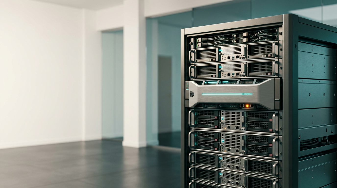 A sophisticated, high-performance computing environment arranged in a clean, minimalist studio setting, featuring a series of modular, rack-mounted server nodes constructed from brushed metallic gray alloys and precision-machined internal components, positioned toward the right third of the frame. The primary unit glows with a subtle, non-readable cyan indicator light, suggesting real-time processing and rapid data throughput, while the surrounding architecture features clean white walls and refined glass elements that provide a neutral, open negative space on the left third for website copy. The lighting is crisp and cinematic, utilizing a warm cream key light to emphasize material textures and structural integrity, with deep teal ambient reflections cast softly on the metallic surfaces and one intentional, small orange light pop on a single connection point to denote operational status. The composition is captured with an 85mm prime lens from a slightly elevated, eye-level perspective, creating natural depth of field and a professional, editorial look. The scene is devoid of people, legible text, pseudo-writing, signage, logos, or holograms, focusing entirely on the tangible, high-end infrastructure of the system. Photorealistic, cinematic photography, 8K resolution, crisp controlled lighting, physically accurate shadows, generated by nanobanana pro --ar 16:9