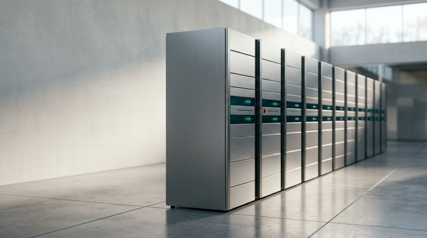 A cinematic, eye-level architectural photograph of a high-end, contemporary server room interior, featuring a single row of sleek, brushed-metal server cabinets arranged with precise symmetry, their refined modular design and clean horizontal lines communicating technical performance and structural integrity. The primary subject is an array of integrated status indicators on the cabinet face emitting a soft, purposeful glow in Deep Teal and Soft Cyan, while a single, discreet Warm Burnt Orange accent light highlights a diagnostic sensor port. The lighting is dominated by natural, diffused morning light filtering through a high, out-of-focus clerestory window, casting gentle, elongated shadows that emphasize the premium, polished concrete floor. The left two-fifths of the frame consists of an uncluttered, softly lit wall providing generous, purposeful copy space. The composition is balanced and disciplined, captured with a 50mm lens for natural depth and realistic spatial scale. Materials include satin-finished steel, matte-finished technical housings, and architectural glass with realistic, subtle reflections, rendered with 8K resolution, high-contrast dynamic range, and natural atmospheric clarity. The scene is free of any text, numbers, signage, logos, or human figures, maintaining a professional and sophisticated atmosphere throughout, generated by nanobanana pro --ar 16:9