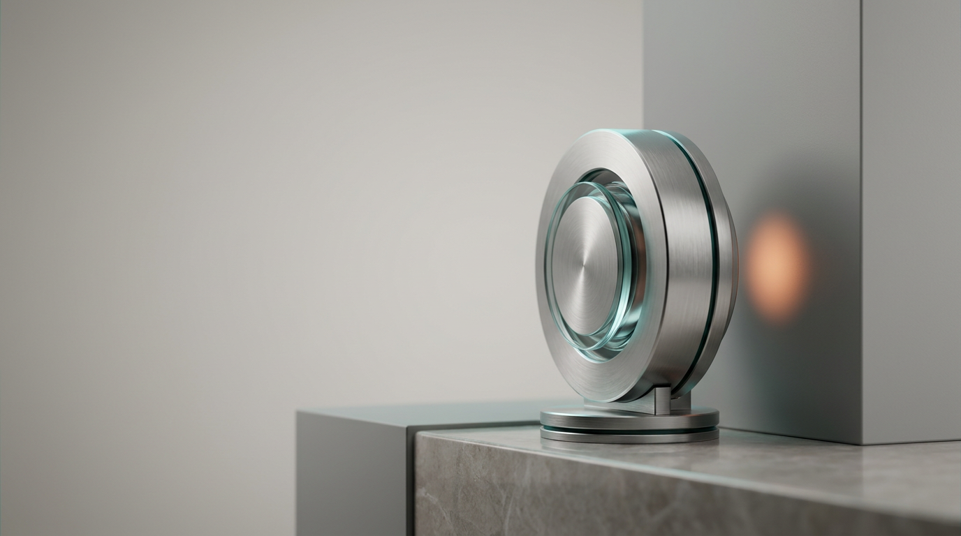 A professional, cinematic, and meticulously composed 85mm prime lens shot focusing on a high-end, tabletop-based data analysis installation. The primary subject is a sleek, brushed-aluminum circular sensor unit placed in the right third of the frame, emitting a singular, soft, warm burnt-orange light pulse directed toward a clean, matte-gray architectural surface. The left two-thirds of the scene consists of a softly out-of-focus, neutral-toned studio environment that provides ample, uncluttered negative space for copy. Subtle teal rim lighting highlights the edges of the metallic equipment, while pale cyan highlights catch the glass components of the central unit. The scene is grounded by naturalistic textures of brushed steel, premium glass, and polished stone. The lighting is precise and highly controlled, emphasizing professional rigor and analytical clarity without unnecessary digital clutter. The atmosphere is calm, sophisticated, and entirely devoid of human presence. Photorealistic, 8K resolution, cinematic photography with a shallow depth of field, sharp focus on the central hardware, realistic material reflections, no text, no numbers, no logos, no human figures, no holograms, no screens, no interface graphics, generated by nanobanana pro --ar 16:9