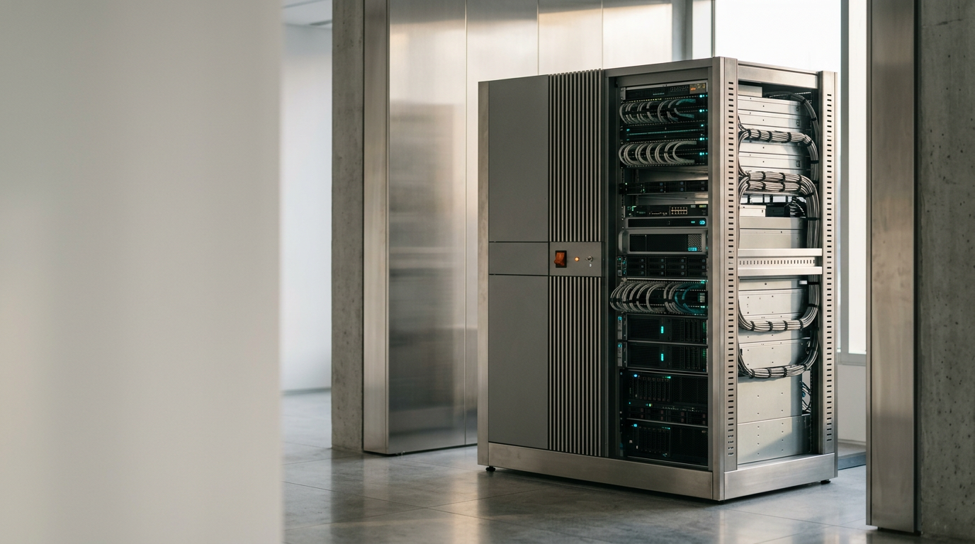 A cinematic, eye-level architectural photograph of a high-performance digital network distribution hub, situated within a clean, minimalist interior of polished stone and brushed satin-finished metal. In the right third, a sophisticated, non-humanoid equipment rack—composed of matte gray panels and slender, vertical ventilation fins—serves as the primary subject, representing the interception and channeling of search-intent traffic. Soft, early-morning natural light enters from an unseen window, illuminating the scene with a Warm Cream palette and casting long, precise shadows. Minimalist, integrated light indicators on the rack subtly glow with Deep Teal and Soft Cyan, conveying a sense of automated, high-precision operation. A small, restrained accent of Warm Burnt Orange is visible on a single mechanical toggle switch, drawing the eye toward the system’s interface without clutter. The left two-fifths of the frame consists of a softly out-of-focus architectural transition of white-washed walls and clean, shadowed floor space, providing ample negative space for website copy. Captured with an 85mm prime lens, the image displays exceptional textural detail on the metal surfaces and realistic depth of field. The atmosphere is calm, orderly, and highly professional, free of any legible text, pseudo-writing, or holographic data projections. This professional, high-intent environment is generated by nanobanana pro --ar 16:9