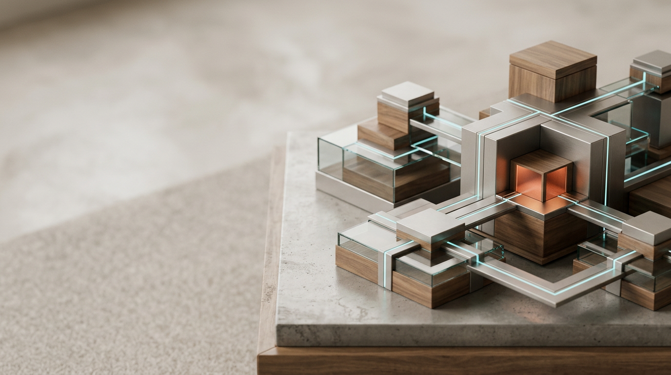 An editorial-style, premium studio photograph of a sophisticated, minimalist architectural model of a business ecosystem, positioned precisely in the right third of the frame to represent strategic mapping and competitive landscape analysis. The model is constructed from polished neutral metallic gray metal, satin-finished wood, and reinforced glass, organized into clean, interlocking sections that suggest growth, structural integrity, and analytical precision. One small, purposeful section of the structure features a delicate, restrained accent of warm burnt orange light, while subtle, low-intensity cyan light pipes are embedded within the architectural joints to signify data-driven connectivity. The left two-fifths of the scene consist of a soft, neutral-toned, out-of-focus background surface, providing ample clean space for website copy. The scene is captured with an 85mm prime lens from a slightly elevated, eye-level perspective, featuring soft, diffused warm cream key lighting that emphasizes texture and form. The atmosphere is calm and professional, with meticulously controlled shadows and natural reflections on the glass surfaces. Photorealistic, cinematic, 8K resolution, crisp lighting, no text, no people, no signage, no holograms, no human figures, generated by nanobanana pro. --ar 16:9