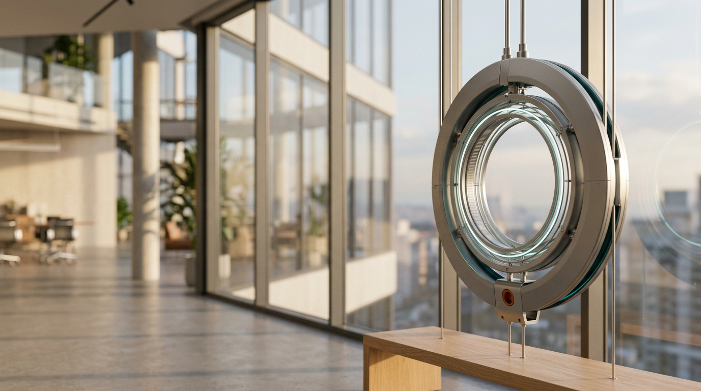A high-end, architectural study of an interior workspace featuring a minimalist, matte-gray, circular data-sculpture suspended on a series of thin, polished metallic supports, representing the focal point of a strategic proximity model. The sculpture occupies the right third of the frame, its surface rendered in satin-finished metal with restrained, thin internal sensor rings that glow with a faint, pulsing soft cyan light. The left two-thirds of the scene consist of an expansive, softly out-of-focus background of a clean, modern commercial building interior with warm, diffuse morning light streaming through floor-to-ceiling glass, providing generous, uncluttered negative space for landing page copy. The lighting is dominated by a warm, inviting natural sun-glow, complemented by a single, controlled rim-light accent of deep teal on the edges of the metallic sculpture and one small, purposeful pop of burnt orange on a tiny, recessed diagnostic port near the base. Photographed with a 50mm prime lens, the image features realistic textures, physically accurate shadows, and a shallow, natural depth of field that emphasizes the precise, premium nature of the equipment. No people, no text, no legible numbers, no holograms, no impossible machinery. Cinematic photography, 8K resolution, crisp controlled lighting, generated by nanobanana pro --ar 16:9