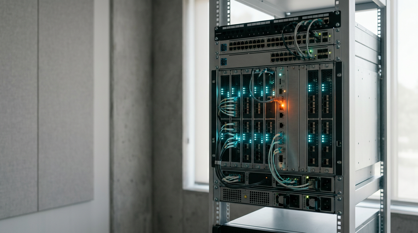 A cinematic, eye-level studio shot of a clean, modular server rack assembly positioned on the right side of the frame, serving as a physical metaphor for automated data synchronization. The hardware features brushed metallic casings and precise, high-density connection modules with subtle, glowing status indicators in soft cyan and deep teal, suggesting active, reliable bidirectional data flow. One restrained, warm burnt orange light accent highlights a key diagnostic port, emphasizing technical precision. The left side of the frame is reserved as a clean, soft-focus background of a neutral architectural studio wall, providing ample negative space for website copy. The lighting is composed of soft, natural-leaning cream-toned key light from the side, creating realistic shadows and highlighting the tactile, high-quality materials of the equipment. The scene is captured with a 50mm lens for natural depth and precise structural detail, maintaining a calm, sophisticated, and professional atmosphere. Photorealistic, 8K resolution, crisp controlled lighting, realistic materials, no human figures, no legible text, no pseudo-writing, no holograms, no excessive glow, generated by nanobanana pro --ar 16:9