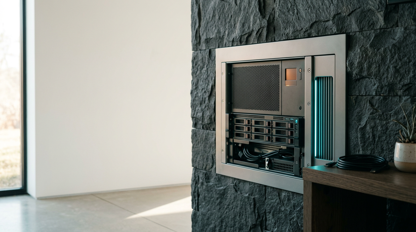 A sophisticated, minimalist architectural study of a high-performance modular workspace, focusing on a clean, structural layout of refined materials and precisely organized, durable computing hardware. A single, sleek server unit in neutral metallic gray is integrated into a wall of dark, textured stone, featuring a small, purposeful, warm burnt-orange indicator light and a subtle cyan cooling vent. The composition uses a 50mm prime lens from an eye-level perspective, with the technological subject positioned in the right third to maintain deep, uncluttered negative space on the left side for landing page copy. The scene is illuminated by soft, natural warm cream daylight from a nearby unseen aperture, creating gentle transitions and realistic depth. Lighting accents in deep teal and soft cyan are reflected in the satin-finished surfaces and glass elements. The environment is grounded, professional, and entirely free of human elements, legible text, numbers, or artificial holograms. Photorealistic, cinematic photography, 8K resolution, crisp, controlled lighting, physically accurate shadows, natural depth of field, HDR-quality dynamic range, generated by nanobanana pro --ar 16:9