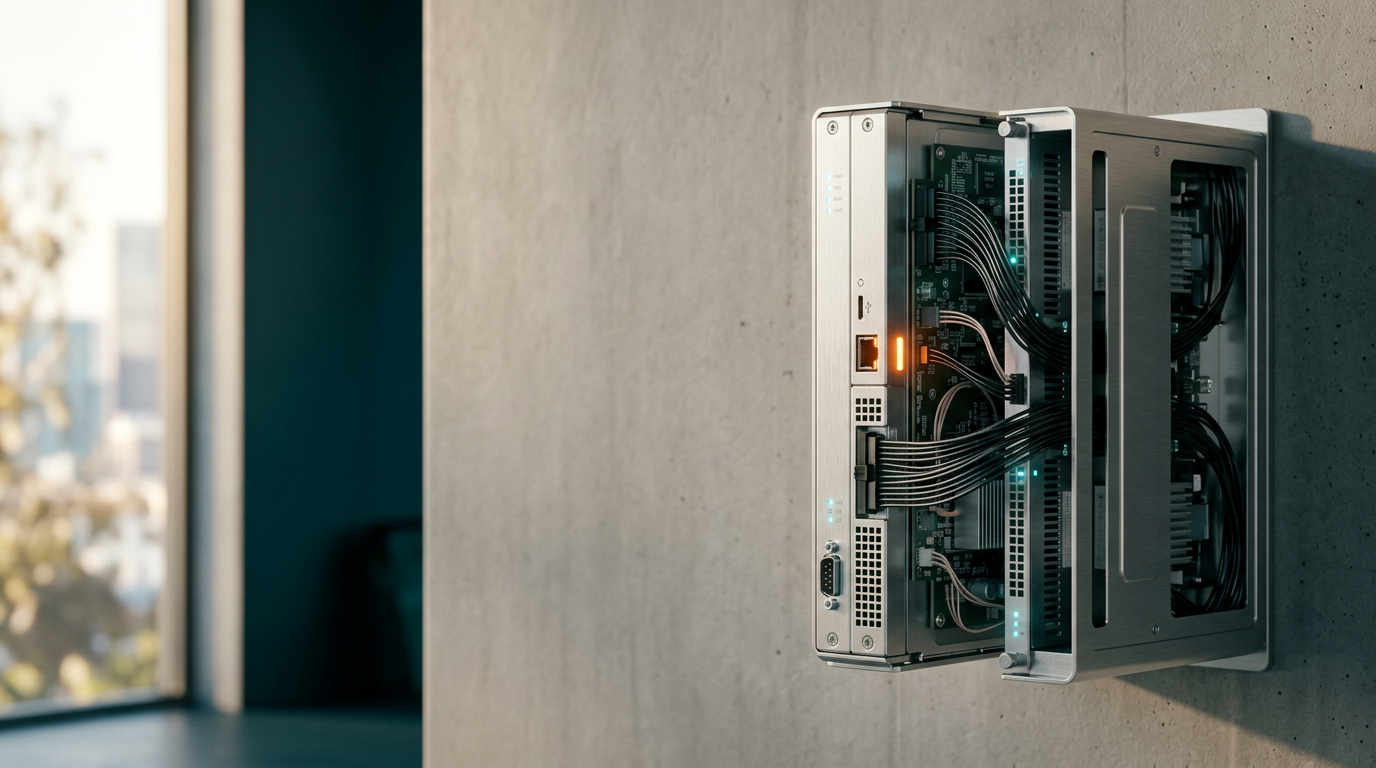 A cinematic, 85mm medium-shot of a precision-engineered, modular server node integrated into a clean, minimalist architectural setting, representing the fluid reliability of automated business processes. The primary subject is a sleek, brushed-metallic hardware housing featuring subtle internal components connected by organized, high-density cabling, positioned in the right third of the frame. The left two-thirds consist of a soft-focus, neutral gray concrete wall providing ample negative space for copy. The scene is illuminated by warm, natural morning light from a nearby window, with a single, controlled Warm Burnt Orange accent light highlighting a specific terminal port and delicate, Soft Cyan indicators pulsing on the device face. The background maintains a calm, sophisticated environment with deep teal shadows and a soft depth of field. Photorealistic, 8K resolution, cinematic photography with controlled, realistic light reflections and high-fidelity material textures. No humans, no text, no legible numbers, no holograms, no excessive data overlays, no pseudo-writing, no futuristic clutter. All elements are physically plausible and functionally purposeful, generated by nanobanana pro --ar 16:9