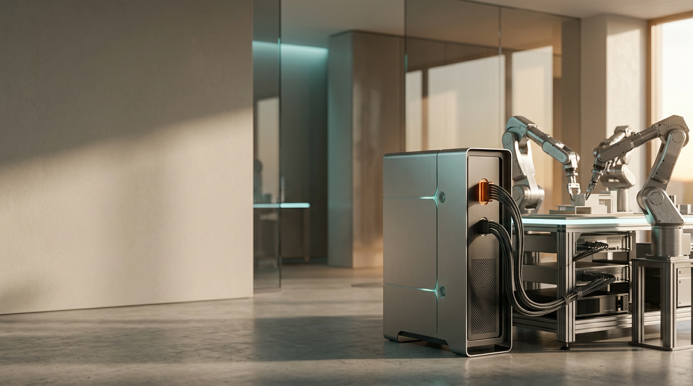 A refined, cinematic studio interior featuring a sleek, modular workstation array that represents an autonomous creative processing environment, positioned in the right third of the frame to provide a large, clean, neutral-toned wall with soft, diffused shadow play on the left for copy space. The primary subject is an elegant, matte-finished metallic server chassis with integrated fiber-optic sensory nodes emitting a faint, controlled teal glow, connected via braided cabling to a series of high-precision, non-humanoid robotic arms designed for architectural assembly, rendered with realistic brushed-metal textures and visible mechanical joints. Lighting is dominated by warm, inviting morning light from an unseen window, with subtle Soft Cyan fill light providing architectural depth and a single, deliberate Warm Burnt Orange accent light highlighting a primary data-sync port. The environment is uncluttered and sophisticated, featuring natural polished concrete floors and architectural glass elements with realistic, depth-of-field reflections. Captured with a 50mm prime lens, the image is photorealistic, highly detailed, and avoids any legible text, pseudo-writing, signage, human figures, humanoid robots, holograms, or chaotic data visualizers, focusing instead on structural clarity and purposeful, high-end engineering. The scene is generated by nanobanana pro --ar 16:9