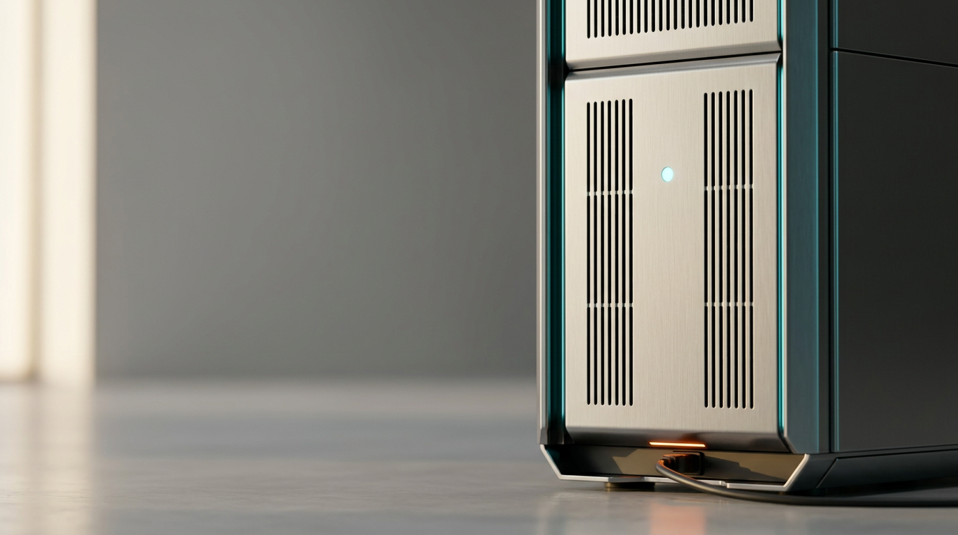 A sophisticated, architectural detail of a high-performance, modular server-rack enclosure set within a clean, climate-controlled data environment, representing bespoke enterprise CRM architecture. The primary subject is a sleek, brushed-metal hardware unit with precise, rhythmic vertical ventilation patterns and a single, subtle glowing Soft Cyan indicator light, positioned in the right third of the frame. The left two-thirds of the image consist of a softly blurred, neutral gray wall and polished floor that provide clean, uncluttered negative space for website copy. The lighting is crisp and professional, utilizing warm, indirect daylight from an unseen source on the left to evoke optimism, complemented by thin, Deep Teal rim lighting reflecting off the metallic edges of the chassis. A singular, restrained Warm Burnt Orange accent light highlights a functional connection point at the base of the unit. The composition is captured with a 50mm prime lens, featuring natural, shallow depth of field and authentic physical textures like satin-finish metal and brushed aluminum. The atmosphere is quiet, orderly, and highly stable, emphasizing reliability and technical precision. No people, no humanoid forms, no legible text, no signage, no holograms, no excessive data visualization, no cyberpunk aesthetics, no floating objects. Photorealistic, cinematic photography, 8K resolution, highly detailed, realistic materials, physically accurate shadows, HDR-quality dynamic range, generated by nanobanana pro --ar 16:9
