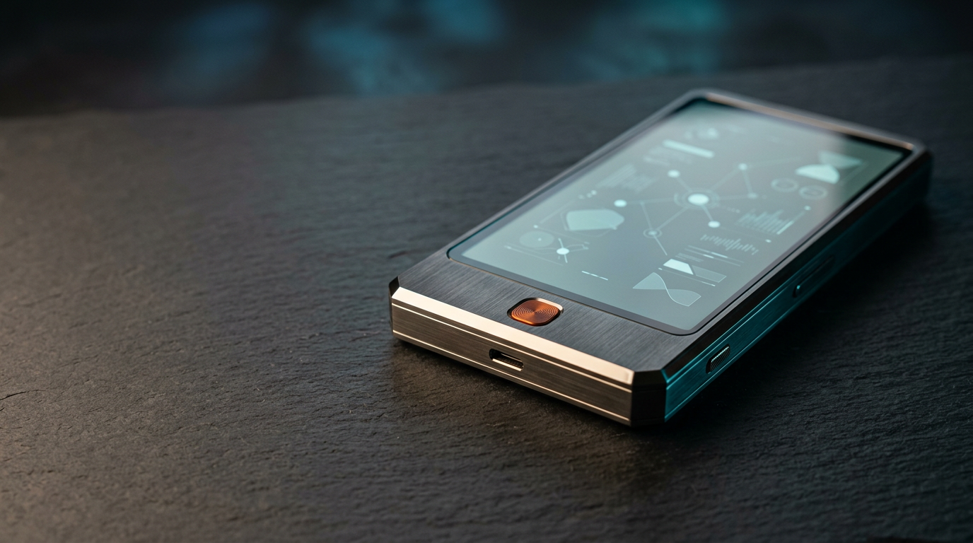 A premium studio-lit close-up of a sleek, brushed metallic mobile device console resting on a textured matte-slate surface, the primary subject positioned in the right third of the frame, the device screen displaying a minimalist and abstract non-readable interface of clean geometric forms and subtle data-visualization nodes in soft cyan, the left two-fifths of the frame remaining as clean uncluttered negative space for copy, the composition shot with an 85mm prime lens at eye level to emphasize refined craftsmanship and architectural precision, ambient lighting in warm cream providing soft highlights on the device edges with subtle deep teal rim lighting reflected on the polished metallic chassis, one small purposeful detail on the device frame accented in warm burnt orange, atmospheric depth of field gently blurring the background, cinematic photography, 8K resolution, highly detailed materials, physically accurate shadows, natural light dispersion, excluding all human elements, text, numbers, signage, and holograms, generated by nanobanana pro --ar 16:9