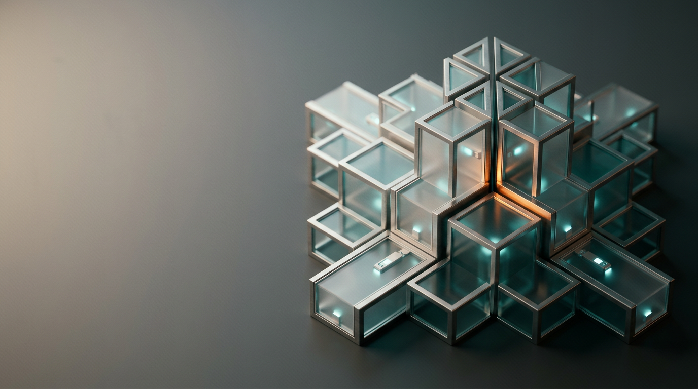 A sophisticated, high-end studio photograph of a bespoke digital architecture model, represented by a series of precisely organized, modular structural components on a clean matte-finished surface. The primary subject consists of several interlocking, satin-finished metal and frosted glass blocks, each containing small, non-readable, integrated light-emitting components in a soft cyan hue, arranged in a purposeful, growing radial pattern to signify scalable enterprise growth. A single Warm Burnt Orange accent light strikes the edge of the central module, while Warm Cream illumination provides a gentle, professional key light from the left. The composition is placed toward the right third, reserving the left two-fifths as uncluttered negative space for website copy. The scene is captured with an 85mm prime lens at eye-level, emphasizing refined material textures and realistic depth of field. The atmosphere is clean and intentional, devoid of all human figures, branding, legible text, pseudo-writing, or holographic data. The lighting is physically motivated and restrained, utilizing Deep Teal reflections in the glass surfaces to maintain brand consistency. Photorealistic, cinematic photography, 8K resolution, crisp controlled lighting, realistic materials, HDR-quality dynamic range, generated by nanobanana pro --ar 16:9