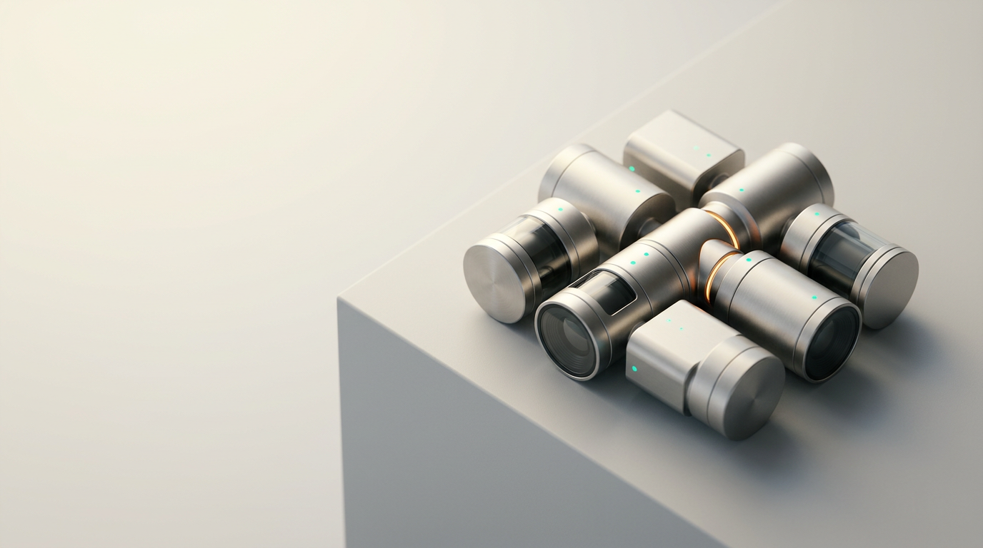 A cinematic, high-angle studio photograph capturing the concept of data-driven sentiment analysis through a sophisticated physical arrangement of modular, satin-finished metallic sensor nodes on a clean, light-gray architectural surface, positioned toward the right of the frame, with the left two-thirds of the image providing uncluttered, soft-focus negative space for copy. The primary subject is a cluster of elegant, precision-engineered cylindrical devices reflecting a soft, warm cream key light, with sparse, low-intensity teal and cyan pin-point indicators representing refined data processing. The scene features authentic material textures, including brushed aluminum, tempered glass, and a subtle warm-orange accent light on a single, purposeful connector-joint, creating a balance of functional, near-future technology and refined minimalism. Photographed with an 85mm prime lens to achieve natural depth of field, sharp detail on the primary metallic surfaces, and a smooth gradient toward the periphery. The environment is grounded, professional, and entirely free of human elements, text, or legible data. The image is photorealistic, highly detailed, and designed for a premium landing page, generated by nanobanana pro --ar 16:9
