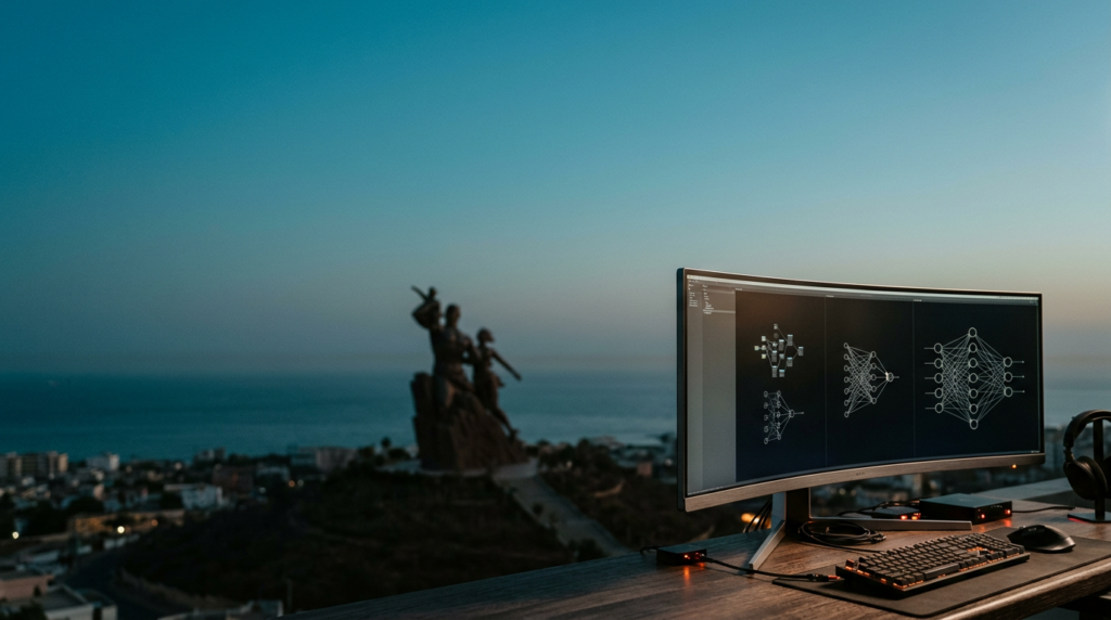 Cinematic 16:9 wide-angle architectural photograph shot on an 85mm prime lens at f/2.0, capturing the serene twilight transition over Dakar with the iconic bronze African Renaissance Monument standing as a majestic, soft-focus silhouette against a deepening teal and soft cyan sky in the background, the composition leaves the entire left and upper two-thirds of the frame as clean negative space featuring a subtle coastal marine haze over the Atlantic horizon, in the extreme bottom-right third a sleek and tactile workstation setup featuring a high-end ultra-wide curved monitor displays abstract, non-textual data visualization node-graphs and complex vector-based AI neural architecture, the hardware is crafted from brushed metallic gray with discreet burnt orange status indicator LEDs reflecting subtly on its pristine glass surface, the foreground is sharp and hyper-detailed while the Dakar cityscape and monument melt into a soft, atmospheric bokeh, lighting is defined by warm cream sunlight catching the edges of the bronze monument and the metallic curves of the workstation, zero humans, zero text, zero logos, photorealistic editorial style, deep teal shadows, ambient morning glow.