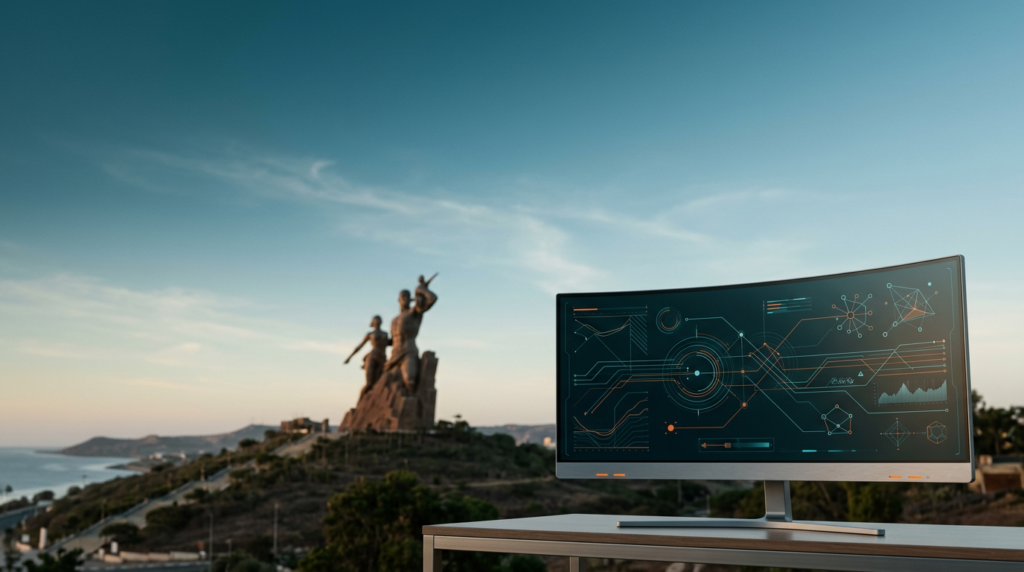 A highly detailed, photorealistic 16:9 widescreen image shot on an 85mm prime lens at f/2.0, depicting an expansive, optimistic scene of Dakar, Senegal, at twilight transitioning into early daylight. The majestic silhouette of the African Renaissance Monument stands in the soft-focus mid-ground, extending across the center and left distance, its distinctive architectural form bathed in a gentle dawn glow. The background features open, tranquil twilight skies with wisps of Soft Cyan #C1E3E6 haze, creating vast negative space across the left two-thirds and upper sections of the frame. In the lower-right third, in sharp, tactile foreground focus, sits a sleek, minimalist ultra-wide curved monitor. Its pristine glass display shows abstract, non-textual UI diagrams of real-time analytical telemetry, depicting intricate vector lines, data flow patterns, and subtle performance graphs without any discernible numbers or text. The device enclosure is crafted from durable Brushed Metallic Gray #E6E6E6, with discreet Burnt Orange #E06719 indicator lights softly glowing. The scene's color palette is grounded in Deep Teal #116F76 for deep shadows and sky gradations, with Soft Cyan #C1E3E6 defining atmospheric haze and horizon light. Warm Cream #FFF4CE sunlight gently catches the edges of the distant monument, which is rendered with authentic concrete and stone textures. The environment is completely unoccupied, with zero humans, text, or brand logos, adhering to a grounded, high-end commercial editorial architectural photography aesthetic.