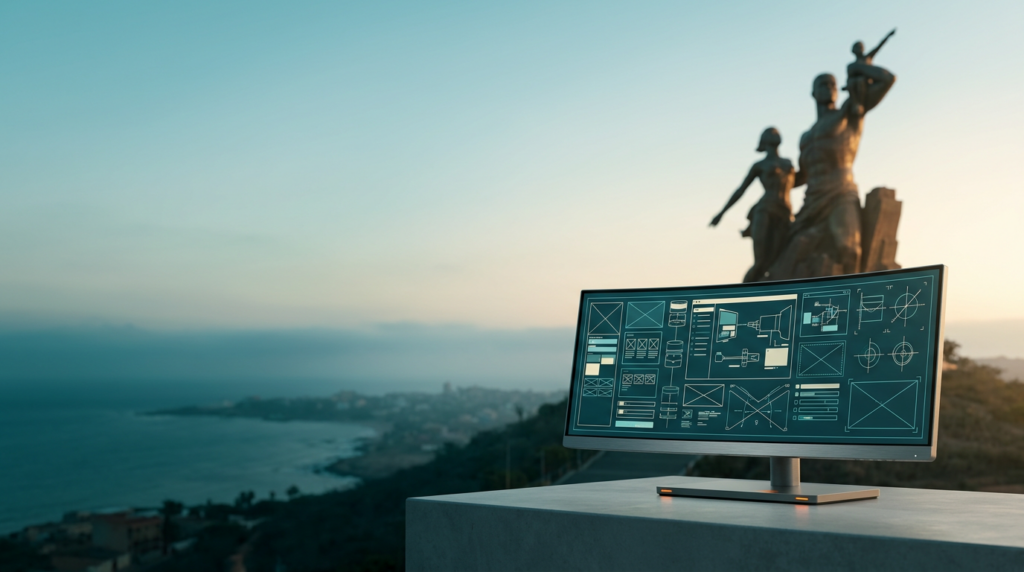 An ultra-wide 16:9 cinematic shot of a sleek, high-end ultra-wide curved workstation monitor resting on a minimalist concrete plinth in the lower-right third of the frame, the monitor screen displaying intricate, non-textual abstract UI wireframes and precise vector line diagrams, the background showcases the iconic towering bronze silhouette of the African Renaissance Monument rising against the soft, expansive sky of a twilight-to-daylight transition, the atmospheric perspective captures a gentle coastal marine layer and the distinct topography of Dakar's coastline, the left and upper two-thirds of the composition feature uncluttered, soft-focus negative space with natural sky gradations, the color palette utilizes deep teal #116F76 for shadows and glass reflections, soft cyan #C1E3E6 for the distant atmospheric haze, and warm cream #FFF4CE sunlight catching the bronze edges of the monument and architectural stone, with subtle burnt orange #E06719 indicator lights on the workstation base, shot on an 85mm lens at f/2.0 with professional photographic bokeh, no humans, no text, no branding, highly detailed realistic textures of brushed metallic hardware and weathered stone, commercial architectural photography style.