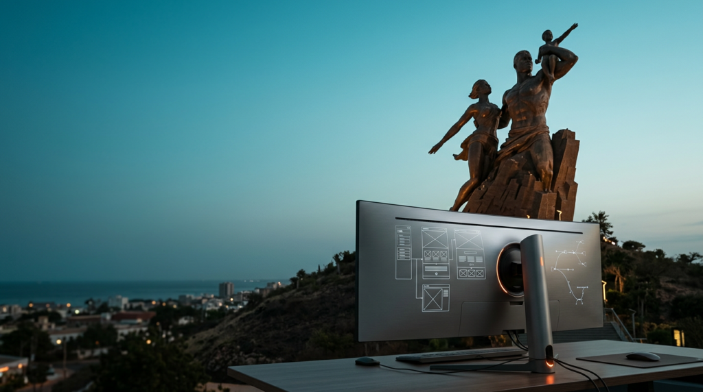 A cinematic 16:9 wide-angle shot captured on an 85mm lens at f/2.0 featuring a sleek, professional ultra-wide curved workstation monitor positioned in the lower-right foreground, its screen displaying sophisticated, non-textual abstract web design wireframes and intricate vector path diagrams, the device finished in matte brushed metallic gray with a subtle glowing burnt orange status light on its base, the background showcases the iconic towering silhouette of the African Renaissance Monument rising above a tranquil Dakar landscape at the soft transition between deep twilight and early dawn, the sky is a clean, expansive gradient of deep teal fading into a soft cyan marine layer leaving the left two-thirds of the frame completely open with negative space, warm cream ambient light catches the textured bronze and concrete edges of the landmark and the clean glass surfaces of the workstation, no people, no text, no logos, no signage, grounded architectural realism with a soft photographic bokeh on the distant city horizon, high-end editorial commercial photography style.
