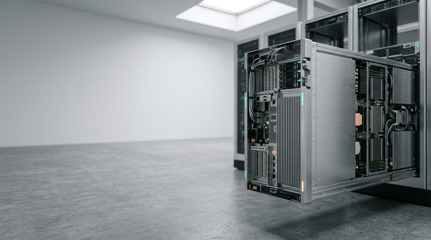 A high-angle, cinematic architectural photograph of a precision-engineered digital infrastructure server array, situated in a minimalist, light-filled data suite. The primary subject is a singular, sleek, brushed metallic server module featuring refined, high-density hardware components and subtle, integrated cooling fins, positioned firmly in the right third of the frame. The left two-fifths of the image consist of a soft-focus, clean concrete floor and a neutral, matte-white wall, providing expansive, uncluttered negative space for copy. Soft, natural sunlight from a high-placed aperture provides warm key lighting, while gentle, diffused cyan accent light emanates from small, non-readable status indicators on the server housing, complemented by a single, controlled highlight of warm orange on a mechanical fastener. The image is captured with an 85mm prime lens, creating a shallow depth of field that emphasizes the precise industrial texture of the metallic surface against the calm, out-of-focus background. The scene is photorealistic, highly detailed, and displays no text, numbers, signage, logos, or human presence, generated by nanobanana pro --ar 16:9
