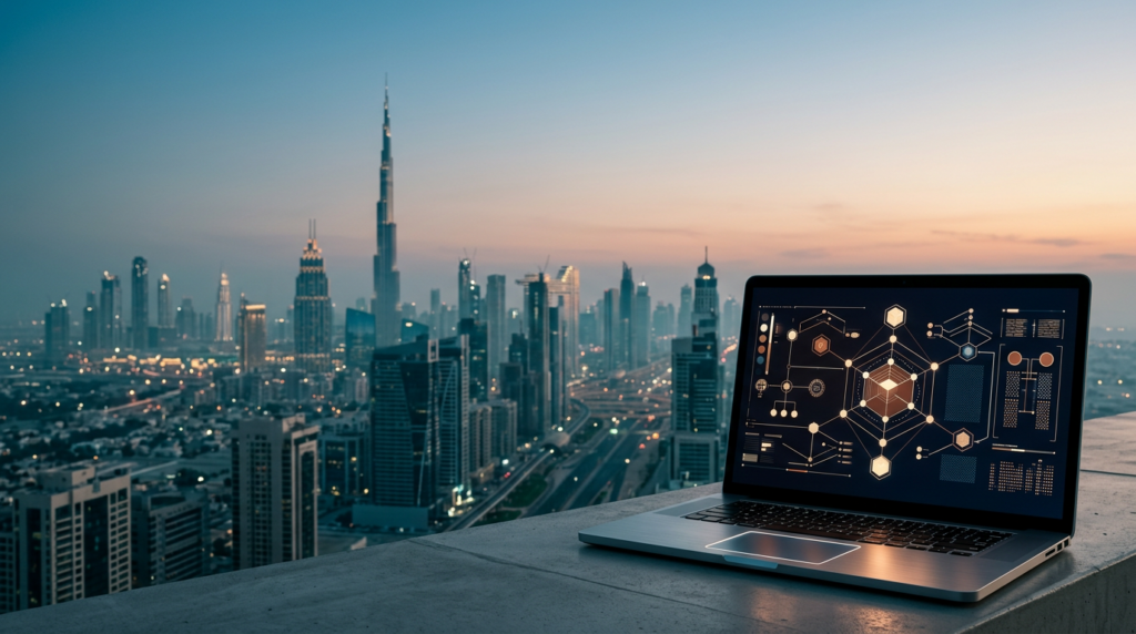 A photorealistic 16:9 landscape shot captured on an 85mm lens at f/2.0 featuring an expansive, uncluttered view of the Dubai skyline at the transition of twilight to dawn, with the iconic silhouette of the Burj Khalifa rising majestically in the soft, atmospheric haze of the center-left distance, the scene bathed in a sophisticated palette of deep teal shadows, soft cyan marine layer, and warm cream light catching the glass-paneled architecture, while in the immediate lower-right foreground sits a sleek, high-end brushed metallic gray workstation terminal with a minimalist design, its pristine glass display showing complex, abstract, non-textual data architecture diagrams and glowing geometric vector nodes in subtle burnt orange and cream, the left two-thirds of the frame remain wide open with soft-focus architectural bokeh and clear, tranquil skies providing ample negative space for text overlay, grounded by realistic concrete and glass textures, zero humans, no signage, no branding, commercial architectural editorial style, high resolution, sharp focus on the terminal with natural photographic depth of field.