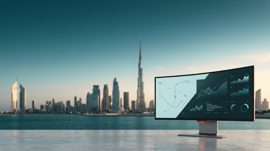 A 16:9 widescreen photograph, captured on an 85mm prime lens at f/2.0. In the lower-right third of the frame, a sleek, high-end ultra-wide curved monitor with a durable brushed metallic gray #E6E6E6 stand rests on a pristine polished concrete surface, in sharp, tactile foreground focus. The monitor's screen displays an abstract, non-textual UI with dynamic growth marketing metrics as minimalist vector paths, interconnected line graphs, and subtle geometric shapes in soft cyan #C1E3E6 and deep teal #116F76 against a dark, analytical background. A discreet, warm burnt orange #E06719 indicator light glows softly on the monitor's base. Extending across the center and distant left with natural, soft photographic bokeh, the iconic silhouette of the Dubai skyline at twilight emerges, featuring the distinctive architectural forms of supertall buildings and modern glass towers, instantly recognizable as Dubai. The architecture is softly kissed by a warm cream #FFF4CE glow of the transitioning light catching building edges. The scene overlooks the tranquil, deep teal #116F76 waters of the Arabian Gulf. The expansive left and upper sections of the frame are uncluttered, dominated by a deep teal #116F76 sky blending into a soft cyan #C1E3E6 horizon with subtle warm cream #FFF4CE light. The environment is completely unoccupied, devoid of humans, text, or logos. Lighting, atmospheric scale, and perspective emulate high-end commercial architectural photography, ensuring grounded realism.