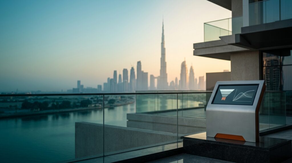 A cinematic 16:9 widescreen editorial photograph of an unoccupied modern architectural high-rise terrace overlooking the Dubai skyline at dawn twilight. The iconic silhouette of the Burj Khalifa rises above the canal with natural photographic bokeh, leaving the left two-thirds spacious and open in deep teal and golden cream. In the lower-right third sits a sleek brushed metallic performance telemetry terminal showing clean abstract conversion funnels and pacing curves with an orange accent bevel.