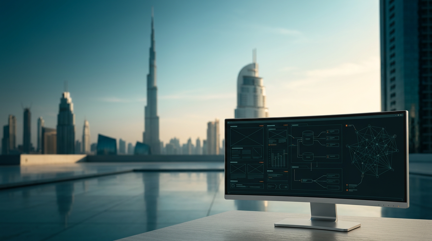 A highly detailed, photorealistic 16:9 widescreen shot taken with an 85mm prime lens at f/2.0. In the sharp, tactile foreground, locked strictly into the lower-right third of the frame, sits a sleek, ultra-wide curved monitor. Its enclosure and stand are crafted from durable brushed metallic gray #E6E6E6, with discreet burnt orange #E06719 indicator lights on its subtle bevels. The pristine glass surface of the display shows abstract, non-textual UI wireframes, analytical data flow diagrams, and interconnected network visualizations, rendered in subtle deep teal #116F76 lines against a dark background, with minimal burnt orange #E06719 accents, symbolizing digital analytics and connectivity. The environment is completely unoccupied; there are zero humans, no pedestrians, no office workers, no silhouettes, no hands, and no crowds. The background extends across the center and left distance, featuring the iconic, elegant silhouette of the Burj Khalifa and other distinctive downtown Dubai skyscrapers rising majestically into an expansive twilight sky that transitions into tranquil daylight. The architecture is rendered with a natural, soft photographic bokeh, immediately establishing Dubai without competing with the foreground device. The sky above is a gradient of deep teal #116F76 grounding the deeper shadows and reflections, blending into soft cyan #C1E3E6 atmospheric haze near the horizon and high above the distant structures, and culminating in warm cream #FFF4CE natural sunlight catching the upper edges of the distant buildings. A clean, reflective architectural plaza or tranquil body of water in the midground subtly mirrors the sky and distant structures, contributing to the expansive, uncluttered negative space across the left and upper sections of the frame. The scene is grounded in absolute realism; there are no sci-fi holograms, no flying drone overlays, no cyberpunk neon lighting, and no surreal elements. There is zero legible text, no company names, no city signage, no street signs, no numbers, and no brand logos on any buildings, signs, or devices. All lighting, atmospheric scale, and perspective look like high-end commercial editorial architectural photography.