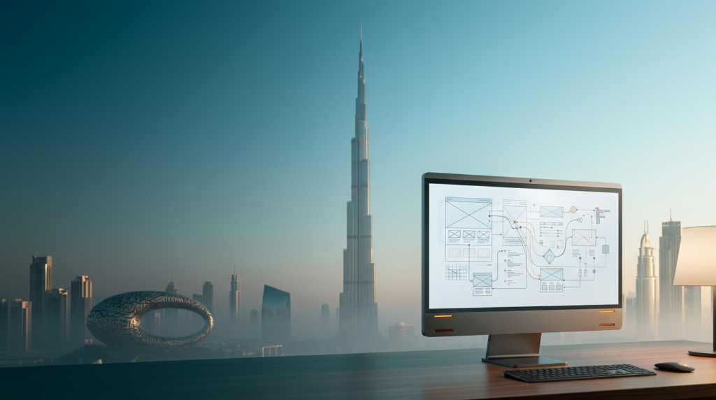 An expansive 16:9 cinematic shot captured with an 85mm lens at f/2.0, featuring a sleek, modern workstation monitor positioned firmly in the lower-right third of the frame displaying intricate, non-textual abstract web design wireframes and flowing vector UI paths. The foreground device is crafted from brushed metallic gray with subtle burnt orange indicator lights and a pristine glass screen. The background transitions from a deep teal twilight to a soft cyan morning, showcasing the iconic, unmistakable silhouette of the Burj Khalifa rising through a gentle coastal haze, accompanied by the architectural curve of the Museum of the Future in the distant left. The left and upper two-thirds of the composition are comprised of vast, uncluttered, atmospheric negative space featuring a clear, serene sky gradient. The lighting is characterized by warm cream sunlight catching the edges of the distant architectural glass and stone, while deep teal shadows ground the scene. The aesthetic is strictly grounded in high-end commercial architectural photography with realistic textures, zero humans, no legible text, no branding, and no surreal or holographic elements.