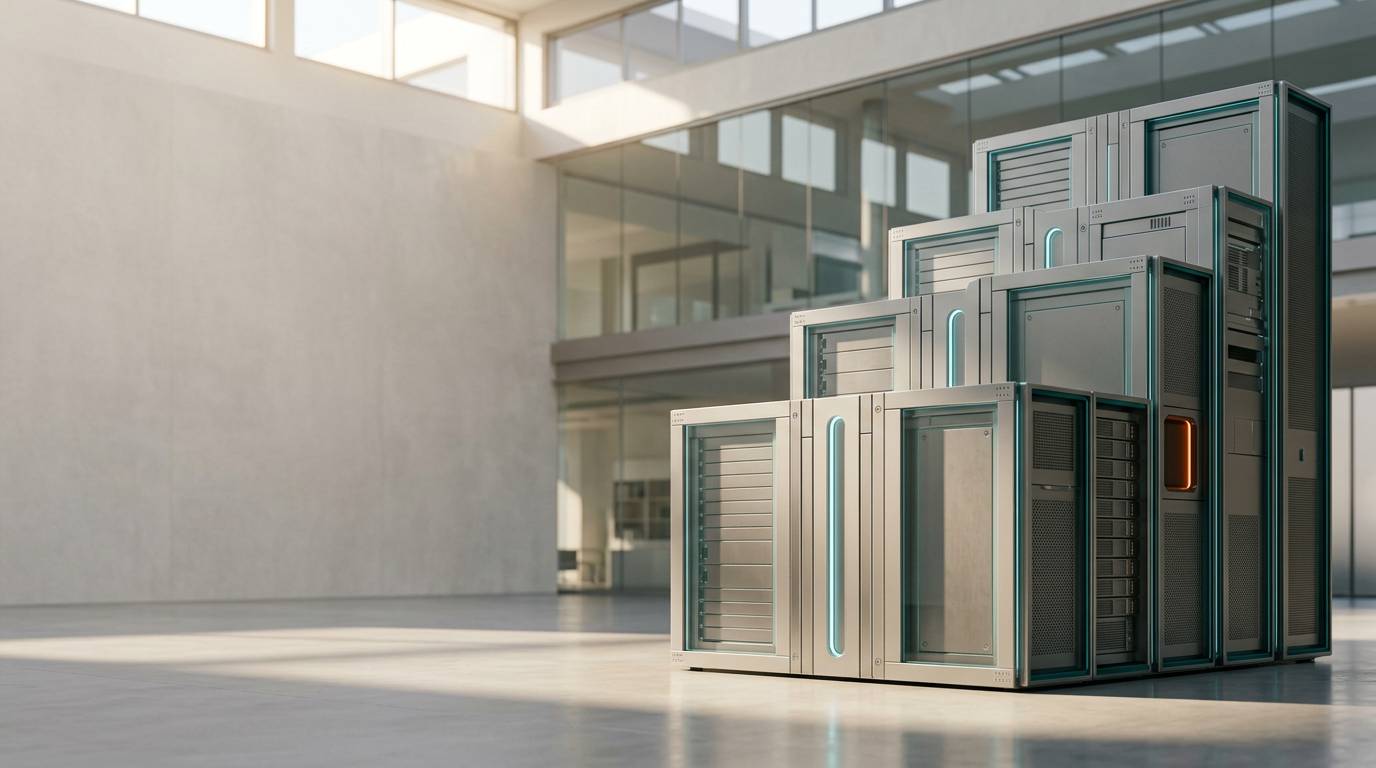 A cinematic eye-level architectural photograph of a highly refined server-cluster installation housed within a minimalist, sun-drenched atrium, designed to represent enterprise-grade dynamic content personalization. The primary subject is a sleek, modular hardware array composed of satin-finished neutral metallic gray aluminum and glass, featuring thin recessed conduits illuminated by a soft cyan glow. The array is arranged in a precise, ascending geometric formation positioned in the right third of the frame, emphasizing scalability and structural elegance. The left two-fifths of the composition consist of a clean, softly lit architectural wall of polished pale concrete, providing extensive uncluttered negative space for copy. Primary key lighting is provided by warm morning sun filtering through high-set apertures, casting soft, physically accurate shadows across the floor. Subtle brand-aligned highlights include a restrained accent of warm burnt orange on a single diagnostic aperture and delicate deep teal rim lighting along the equipment edges. The atmosphere is calm and professional, with a shallow depth of field achieved through a 50mm prime lens, ensuring a photorealistic, premium editorial quality. No humans, no text, no legible numbers, no holograms, no interfaces, no logos, no wires, and no cyberpunk elements. Every material, joint, and reflection is physically grounded and credible, generated by nanobanana pro --ar 16:9