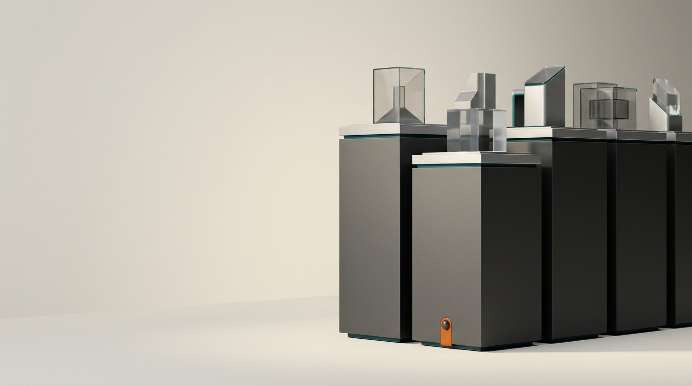 A precision-engineered, modular studio display installation featuring a series of matte-finished, charcoal-gray pedestals arranged in a clean, rhythmic sequence, each supporting a singular, abstract, geometric product-form rendered in refined glass and brushed aluminum. The composition is captured with a 50mm prime lens from a low, slightly elevated three-quarter perspective, placing the primary cluster of forms in the right third of the frame, leaving the left third as a clean, softly lit, neutral-toned wall for open copy space. Subtle atmospheric lighting utilizes Warm Cream #FFF4CE as the primary key light, with a thin, precise rim of Deep Teal #116F76 highlighting the edges of the display components and a singular, controlled pop of Warm Burnt Orange #E06719 on a small, integrated mechanical sensor point at the base of the lead pedestal. The scene is photorealistic, cinematic, and professional, characterized by crisp, controlled shadows, natural material textures, and a shallow depth of field that maintains focus on the modular structure, with no human figures, no legible text, no pseudo-writing, no interfaces, and no floating holograms, generated by nanobanana pro --ar 16:9