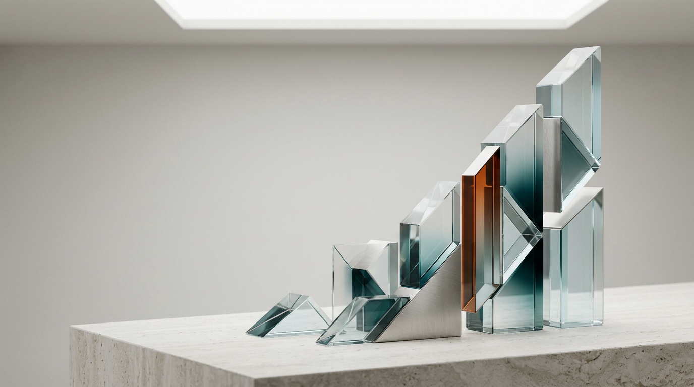 An elegant, minimalist studio installation representing a dynamic visual identity system, centered on a series of precisely articulated glass and brushed metallic geometric structures arranged in a rhythmic, ascending formation. The objects are positioned on a clean, light-toned stone surface, with their varying facets catching soft, diffused light from an overhead source to create subtle, intelligent reflections. A single, controlled accent of warm burnt orange light highlights a secondary edge, while deep teal and soft cyan tones are introduced through faint, high-quality refraction and atmospheric color-depth within the glass materials. The composition is balanced to the right, leaving the left two-fifths of the frame as deliberate, uncluttered negative space to accommodate high-intent copy. Shot with a 50mm lens for natural, sophisticated spatial organization, the scene features crisp, realistic material textures, physically accurate shadows, and a clean, premium atmosphere. No humans, readable text, or digital displays are present; the visual focus remains on the refined, modular nature of the system. Photorealistic, cinematic photography, 8K resolution, crisp controlled lighting, generated by nanobanana pro --ar 16:9