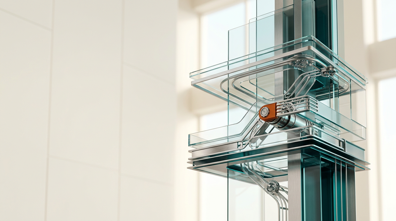 A high-end, editorial-style studio photograph showcasing the conceptual architecture of a modern ecommerce digital experience, featuring a single, meticulously crafted physical structure composed of translucent glass and brushed metallic layers that represent data flow and transaction processing. The structure is positioned in the right third of the frame, with the remaining left space providing clean, uncluttered, and softly lit negative space for future website copy. The lighting is sophisticated and warm, utilizing a soft-cream primary light source with subtle, cool cyan and deep teal rim light reflections along the edges of the metallic surfaces. A single, restrained accent of warm burnt orange highlights a specific, purposeful mechanical joint on the central structure, signifying a conversion-optimized touchpoint. The setting is a clean, minimalist, and high-ceilinged architectural studio with natural, soft daylight diffusion. Cinematic photography, 85mm lens, sharp focus on the structure with a gentle, realistic depth of field, 8K resolution, physically accurate materials, no human figures, no text or numbers, no signage or branding, no holograms or floating interfaces. This image represents premium ecommerce engineering through structural clarity and material refinement, generated by nanobanana pro --ar 16:9