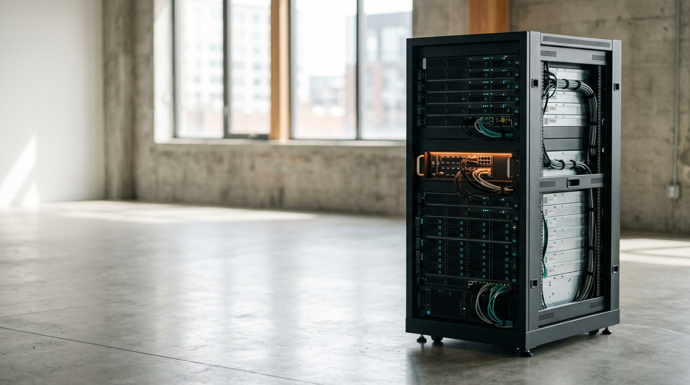 A cinematic, wide-angle 85mm photograph of a high-performance, custom-built data processing server rack, positioned with architectural precision in the right third of a minimalist, sun-drenched industrial studio space with clean, polished concrete flooring. The server unit features durable, satin-finished charcoal metal housing with subtle, recessed Deep Teal and Soft Cyan status indicators, while a single, precisely placed Warm Burnt Orange accent light illuminates a high-quality connector panel, suggesting mechanical efficiency and purposeful design. The composition leaves the left two-fifths of the frame as negative space, featuring soft, diffused natural daylight entering from an out-of-focus background window to provide a calm, uncluttered area for website copy. The scene is characterized by photorealistic materials, refined shadow play, and authentic physical depth, devoid of all human presence, readable text, pseudo-graphics, holograms, or signage, generated by nanobanana pro --ar 16:9