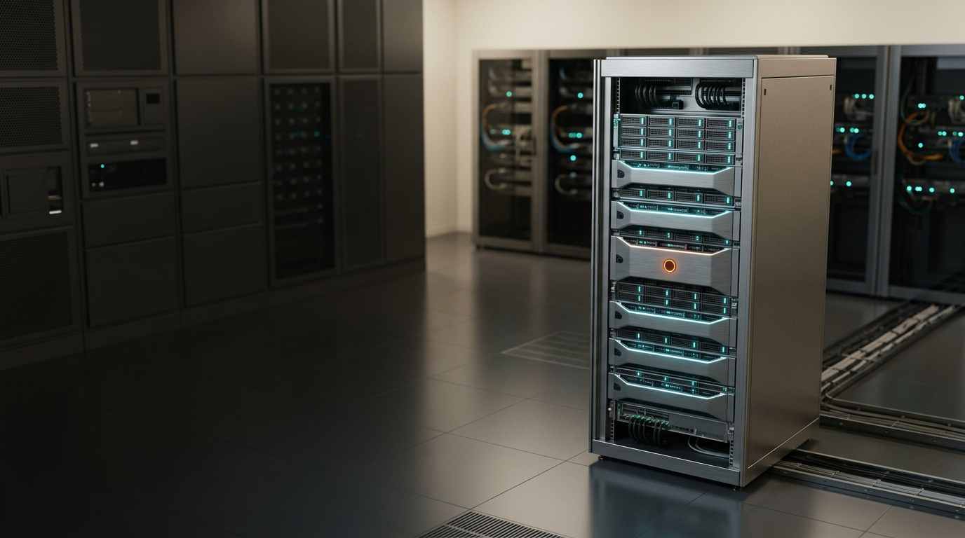 A high-angle, cinematic photograph of a pristine, high-security server data environment featuring a single, meticulously organized rack cabinet, positioned toward the right third of the frame. The rack is finished in a clean, neutral metallic gray with brushed aluminum finishes, featuring soft, integrated cyan indicator lights on its front panel. A single, controlled warm burnt orange LED accent marks a specific security node, signifying active monitoring. The room is vast, orderly, and softly lit with Warm Cream ambient light, creating depth and a sense of architectural calm. The left two-fifths of the frame consist of a smooth, out-of-focus background wall of modular, darkened equipment surfaces, providing ample copy-safe negative space. Captured with a 50mm lens at eye-level perspective to maintain realistic scale and professional authority. The atmosphere is quiet, secure, and sophisticated, free of any movement or clutter. Photorealistic, 8K resolution, cinematic photography, natural depth of field, HDR dynamic range, no humans, no legible text, no signage, no pseudo-writing, no holograms, generated by nanobanana pro --ar 16:9