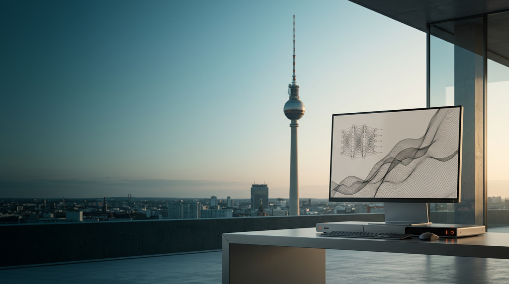 A wide-angle 16:9 cinematic architectural photograph shot on an 85mm prime lens at f/2.0, featuring a sleek, professional-grade workstation monitor integrated into a minimalist, modern desk setup positioned entirely within the lower-right third of the frame, the screen displaying sophisticated, non-textual abstract neural network geometry and complex, flowing algorithmic wireframes in muted tones. The background showcases the unmistakable, iconic silhouette of the Berlin TV Tower (Fernsehturm) rising above a vast, uncluttered, and tranquil cityscape captured during the transition from deep twilight to a soft, cream-colored morning horizon. The left and upper two-thirds of the frame consist of open, atmospheric sky transitioning from deep teal shadows to a soft cyan marine layer, providing clean negative space for typography. The environment is grounded in high-end commercial realism with materials of brushed metallic gray, polished concrete, and architectural glass. Lighting is natural and soft, with a warm cream sunlight accent catching the edge of the TV tower and hardware bevels, while subtle burnt orange indicator lights on the device add a precise technical touch. No humans, no crowds, no legible text or signs, no futuristic holograms, just pure, grounded, high-fidelity professional editorial photography.