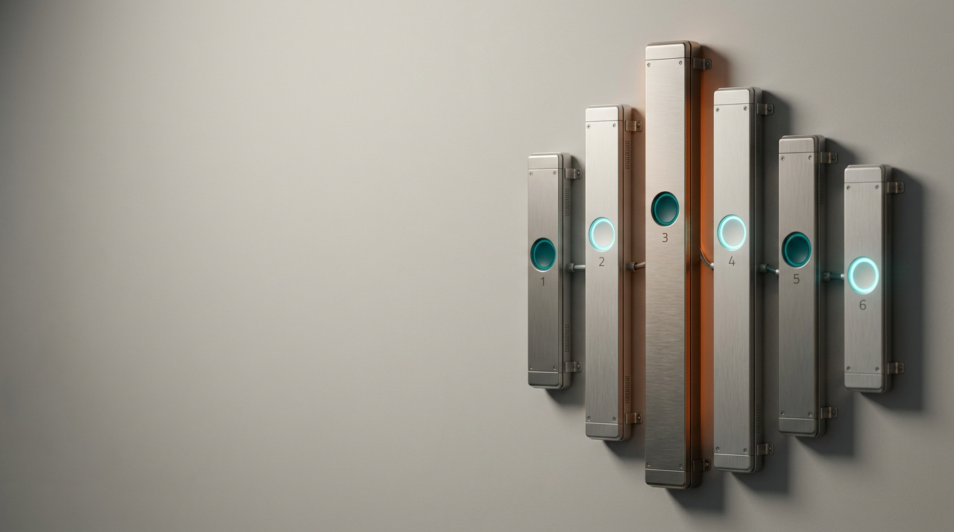 A high-end, cinematic studio-shot composition representing strategic digital flow and precision targeting, featuring a series of six sleek, vertically mounted brushed-metallic data-processing conduits of varying heights arranged in a subtle parabolic arc on the right third of the frame. Each conduit features a single, minimalist aperture with a soft, circular ambient glow in Deep Teal and Soft Cyan, conveying a sense of interconnected, highly organized information flow. The left two-thirds of the scene consists of a clean, softly lit, neutral matte-gray architectural surface, providing ample negative space for future page copy. The lighting is deliberate and premium, with a primary Warm Cream key light casting soft, realistic shadows that define the structural geometry of the conduits. A single, controlled, Warm Burnt Orange accent light reflects off the edge of the central unit to provide visual tension. The image is captured with an 85mm prime lens at eye-level, offering a shallow depth of field that keeps the focus sharp on the central technological assembly while gently softening the background. The materials are authentically textured with satin metals and high-quality industrial finishes. Photorealistic, 8K resolution, highly detailed, physically accurate shadows, natural depth of field, HDR-quality dynamic range, generated by nanobanana pro --ar 16:9