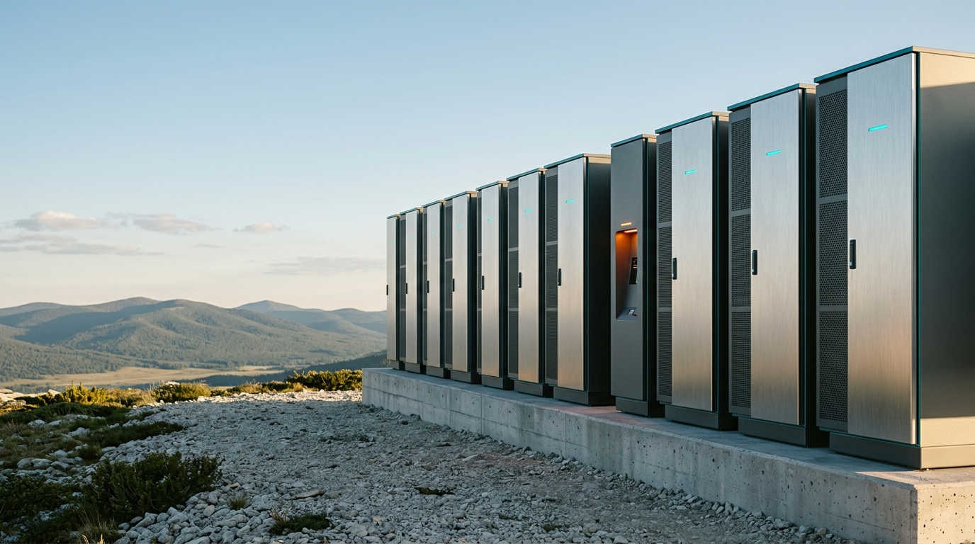 A cinematic, eye-level wide shot of a modern, modular data-processing facility integrated into a serene, high-altitude landscape. The primary subject is a row of sleek, climate-controlled, brushed-metal equipment enclosures arranged with precision along a reinforced concrete plinth, reflecting the soft golden light of late afternoon. Each enclosure features subtle, recessed ventilation panels and discreet cyan indicator lights that pulse with steady, non-readable illumination. The right two-thirds of the frame contain the primary infrastructure, while the left third provides generous, uncluttered copy space consisting of a gentle mountain horizon under a clear, pale sky. The lighting is dominated by Warm Cream sunbeams with Deep Teal rim lighting tracing the clean geometric edges of the metal architecture, and a single, restrained Warm Burnt Orange accent light on an exterior access port. Captured with a 50mm prime lens, the image displays natural atmospheric depth, realistic textures of stone and brushed aluminum, and meticulous attention to structural scale. No humans, no text, no pseudo-writing, no neon grids, no holograms, and no distracting foreground clutter. Photorealistic, 8K resolution, cinematic photography, generated by nanobanana pro --ar 16:9