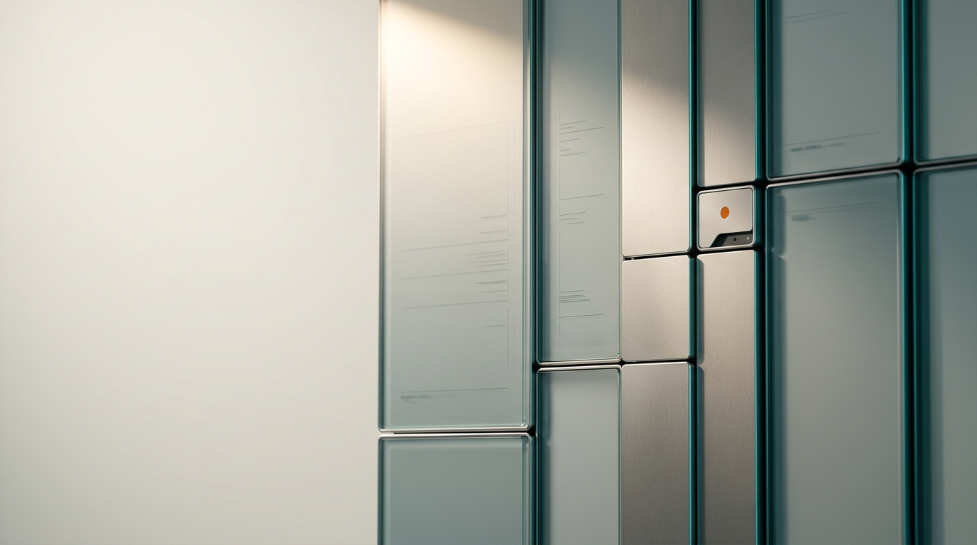 A cinematic, high-end studio composition featuring an architectural study of a refined, modular design system, organized as a sequence of tactile glass and brushed-metal panels of varying proportions positioned in the right two-thirds of the frame. The materials are premium, featuring satin-finished metallic surfaces and semi-transparent panels with subtle internal, non-readable graphical alignments that imply analytical depth. A single, soft, warm key light originating from the top-left illuminates the surfaces, creating crisp, physically accurate shadows and highlighting the meticulous craftsmanship of the joints. Soft Cyan and Deep Teal rim lighting highlight the edges of the metallic components, while a single, precisely placed Warm Burnt Orange accent dot appears on one small, integrated sensor detail. The left third of the image is reserved as clean, negative space against a softly lit, neutral backdrop, suitable for overlaying copy. Photographed with an 85mm prime lens, the image displays a shallow, natural depth of field, highlighting the precision of the construction while maintaining a calm, sophisticated, and professional atmosphere. Photorealistic, 8K resolution, cinematic photography, no people, no text, no legible numbers, no holograms, generated by nanobanana pro --ar 16:9