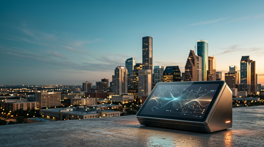 A wide 16:9 cinematic shot captured on an 85mm prime lens at f/2.0 featuring a sleek, minimalist brushed metallic AI processing terminal placed firmly in the lower-right foreground, its polished glass surface reflecting the soft, ambient glow of the city while displaying complex, non-textual abstract data flow lines and glowing vector nodes, the right-side hardware accented with a subtle burnt orange indicator light, the expansive background showcasing a panoramic view of the Houston downtown skyline including the distinctive silhouette of the Chase Tower and the illuminated curves of the skyline at twilight transitioning into a soft dawn, the left and upper two-thirds of the composition consisting of a vast, uncluttered morning sky fading from deep teal to a soft cyan haze, architectural edges of the city buildings catching a warm cream sunlight, high-end commercial photography aesthetic, realistic materials of concrete and steel, deep atmospheric depth with professional bokeh, strictly zero humans, zero text, zero logos, no signage, highly grounded and professional, sharp tactile focus on the foreground terminal.