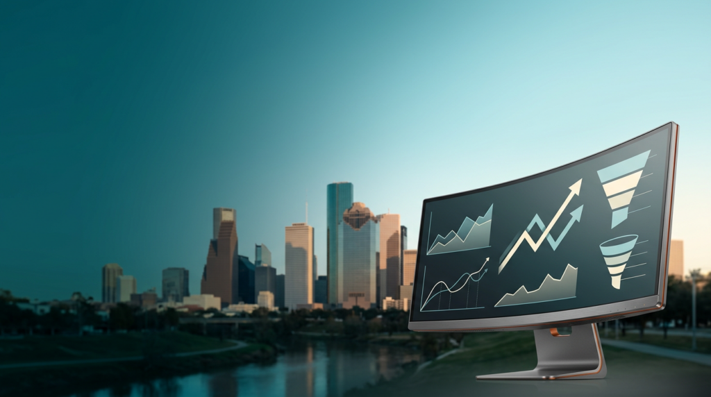 A breathtaking, optimistic 16:9 widescreen hero banner photograph, captured with an 85mm prime lens at f/2.0. The scene depicts twilight transitioning into early daylight over Houston, Texas. In the sharply focused lower-right third of the frame, a sleek, modern, ultra-wide curved monitor stands, its durable brushed metallic gray enclosure featuring discreet burnt orange bevel highlights. Its pristine glass display showcases abstract, non-textual growth marketing analytics: dynamic minimalist line graphs, upward-trending vector paths, and segmented funnel diagrams rendered in soft cyan and cream tones against a dark background, indicating data flow and strategic progress. In the mid-ground and extending across the center-left distance, the iconic, unmissable silhouette of the downtown Houston skyline with its distinctive high-rise architecture rises, rendered with a natural, soft photographic bokeh that blurs it gently, immediately establishing the location without competing with the foreground device. The tranquil Buffalo Bayou reflects the deep teal sky in the mid-ground. The sky above the Houston skyline transitions from a deep teal #116F76 twilight on the far left to a soft cyan #C1E3E6 horizon glow, catching the upper edges of the architectural structures in warm cream #FFF4CE sunlight. The left two-thirds and upper section of the frame are left expansive and uncluttered, dominated by the deep teal and soft cyan atmospheric depth, perfectly suited for typography overlay. The foreground device is illuminated with a clean, soft light, highlighting its tactile surfaces. The overall environment is completely unoccupied, devoid of any humans, text, or logos. The lighting, atmospheric scale, and perspective emulate high-end commercial editorial architectural photography, ensuring grounded realism.