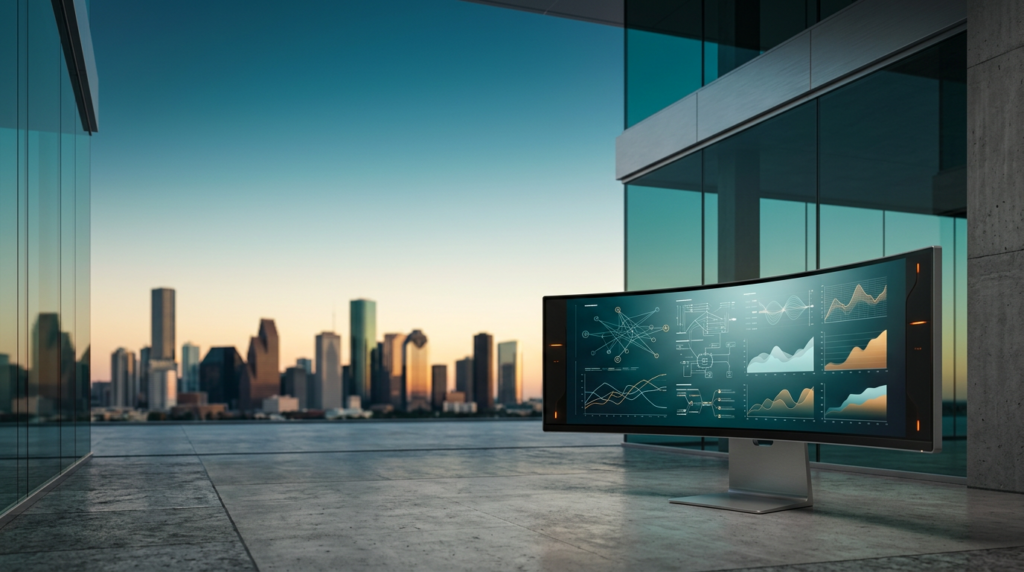 A highly detailed, photorealistic 16:9 widescreen architectural photograph at twilight transitioning into early daylight over Houston, Texas. In the sharply focused lower-right third of the frame, a sleek, ultra-wide curved monitor on a minimalist brushed metallic gray #E6E6E6 stand displays abstract, non-textual UI of interconnected vector lines, minimal data flow diagrams, and gradient charts in deep teal #116F76 and soft cyan #C1E3E6, with discreet burnt orange #E06719 indicator lights on its housing. The left two-thirds and upper frame offer expansive, uncluttered negative space of a tranquil sky. In the soft photographic bokeh of the distant center-left, the iconic silhouette of the Houston downtown high-rise cluster, featuring distinctive skyscrapers like the JPMorgan Chase Tower, emerges, subtly catching warm cream #FFF4CE sunlight on its architectural edges. The sky above transitions from deep teal #116F76 twilight into soft cyan #C1E3E6 and warm cream #FFF4CE hues. Reflections on pristine glass surfaces blend deep teal #116F76 and soft cyan #C1E3E6. All visible materials are durable brushed metallic gray #E6E6E6, authentic concrete, and stone. Shot on an 85mm prime lens at f/2.0. Completely unoccupied environment. Zero legible text, numbers, or brand logos.