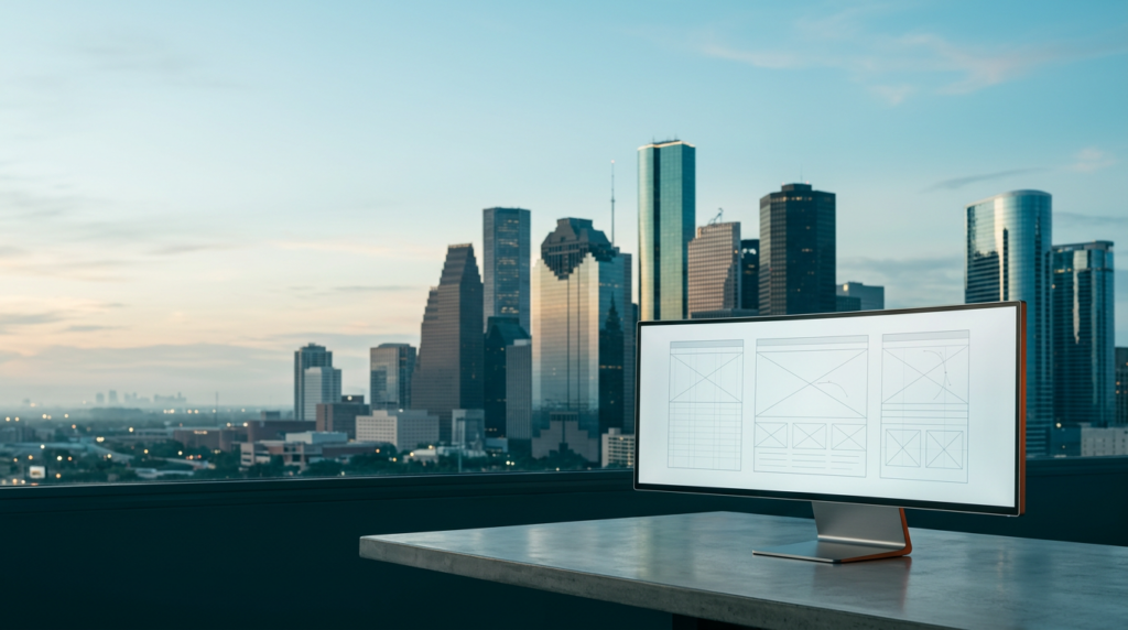 High-end architectural editorial photograph, 16:9 widescreen, shot on an 85mm lens at f/2.0, showcasing a serene, wide-angle view of the Houston skyline at twilight transitioning into soft dawn, featuring the iconic silhouettes of the JPMorgan Chase Tower and the illuminated glass angles of the surrounding downtown district set against a tranquil, expansive sky with morning haze, the composition is heavily weighted with open, uncluttered negative space on the left and upper thirds, in the lower-right third sits a high-end ultra-wide curved workstation monitor resting on a sleek, minimalist concrete desk surface, the monitor displays abstract, non-textual web design wireframe grids and subtle vector paths in soft geometric lines, deep teal shadows grounding the urban landscape, soft cyan atmospheric morning light washing over the city horizon, warm cream sunlight catching the edges of the downtown skyscrapers, discreet burnt orange accent light emitting from a subtle hardware edge on the monitor, materials include brushed metallic grey hardware casing and polished glass, deep perspective depth, soft natural bokeh on the background city structures, completely unoccupied, no humans, no text, no logos, hyper-realistic, professional commercial architectural photography.