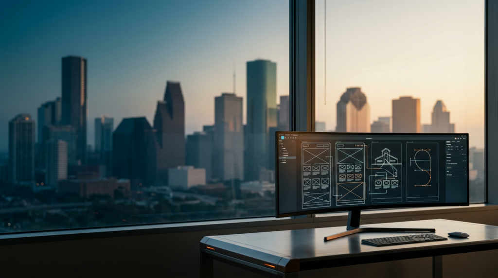 A cinematic 16:9 landscape shot on an 85mm prime lens at f/2.0, capturing an expansive, uncluttered view of the Houston skyline at the transition between deep twilight and early dawn, the iconic glass-paneled silhouettes of the downtown skyscrapers rising against a soft, gradient sky of deep teal transitioning to warm cream, the atmosphere filled with a light coastal haze catching the first morning light on building edges. In the sharp, tactile foreground of the lower-right third, a high-end, ultra-wide curved workstation monitor sits on a minimalist brushed metallic desk, displaying abstract, intricate web development wireframes and clean vector path diagrams in soft, glowing lines, the device frame featuring subtle burnt orange indicator lights and metallic gray textures. The left two-thirds of the frame consist of open, negative space showing the tranquil downtown architectural landscape in a soft, dreamy photographic bokeh, a complete absence of humans, no text, no branding, no signage, no city names, grounded in authentic commercial architectural realism with a color palette of deep teal shadows, cyan atmospheric haze, and warm cream highlights, high-end editorial photography style.