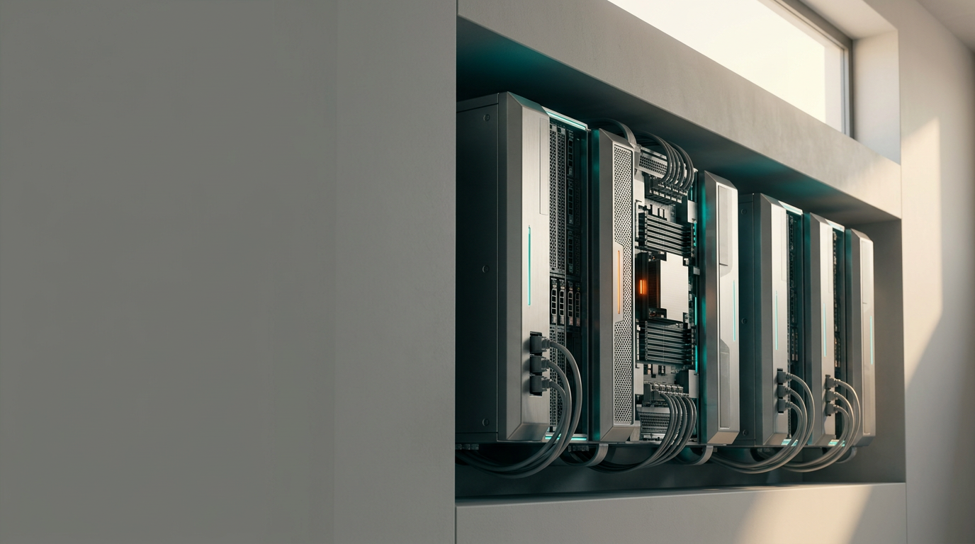 A high-angle, cinematic photograph of a sophisticated, modular server infrastructure housed in a clean, minimalist data architecture environment, designed to represent intelligent process automation. The primary focus is a cluster of high-performance, satin-finished metallic server modules neatly organized along a linear, recessed wall, showing coherent cable management and realistic, durable connection points. The lighting is motivated by soft, warm cream morning sun entering from a high clerestory window on the right, balanced by subtle deep teal and soft cyan accent light emanating from thin, integrated status indicators on the server housings, indicating active data flow. A single, controlled, warm burnt orange LED indicator on one central processor adds a precise, purposeful focal point. The left two-fifths of the frame consist of a smooth, neutral gray architectural wall surface providing clean, uncluttered negative space for landing page copy. Captured with a 50mm prime lens, the image displays natural depth of field, sharp material textures of brushed metal and architectural concrete, and realistic atmospheric light diffusion. The scene is devoid of human figures, hands, or silhouettes. No legible text, numbers, pseudo-writing, or signage is present. Photorealistic, 8K resolution, cinematic photography with high dynamic range, generated by nanobanana pro --ar 16:9