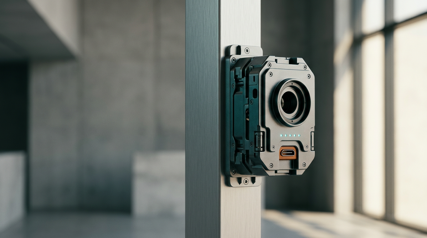 A cinematic 85mm close-up of a sophisticated, matte-metallic data-aggregation module installed on a minimalist, brushed-aluminum structural support, serving as a physical metaphor for precise first-party intent tracking. The device features subtle, integrated cyan indicator lights and a singular, precisely engineered aperture, communicating a focused and functional capture mechanism. The background is a soft, out-of-focus architectural interior with neutral gray walls, providing significant clean negative space in the left two-thirds for composition balance. Natural, warm cream-toned daylight fills the scene from the right, with faint, deep teal ambient reflections on the metallic surfaces of the module and a singular, intentional warm burnt-orange detail on a small, recessed connector. The image is composed with shallow depth of field, emphasizing the tactile, industrial quality of the hardware. Photorealistic, 8K resolution, crisp controlled lighting, physically accurate shadows, and realistic material textures; excludes all humans, legible text, symbols, signage, holograms, floating interfaces, and generic data-stream effects. This scene is generated by nanobanana pro --ar 16:9