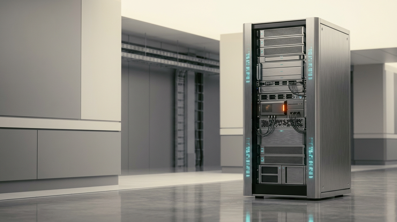 A sophisticated, photorealistic wide shot of a high-performance data processing architecture installed within a minimalist, temperature-controlled server environment, capturing a single, sleek, brushed-metallic server rack unit positioned in the right third of the frame. The equipment features refined, integrated sensor arrays and thin, recessed indicators showing soft cyan, non-readable abstract data patterns, with a single, controlled burnt orange accent light on a small diagnostic component, all reflecting subtly on a polished concrete floor. The left two-fifths of the frame consists of a clean, soft-focus architectural backdrop of layered architectural panels in neutral gray, providing ample negative space for text. The scene is illuminated by diffused, warm-cream overhead studio lighting that emphasizes the quality of materials and the precision of the mechanical assembly. Captured with a 50mm lens, the image displays natural depth of field, cinematic photographic quality, and high-fidelity textures. Excludes all human figures, text, numbers, signage, logos, holograms, neon grids, and chaotic data visuals. This imagery is generated by nanobanana pro --ar 16:9